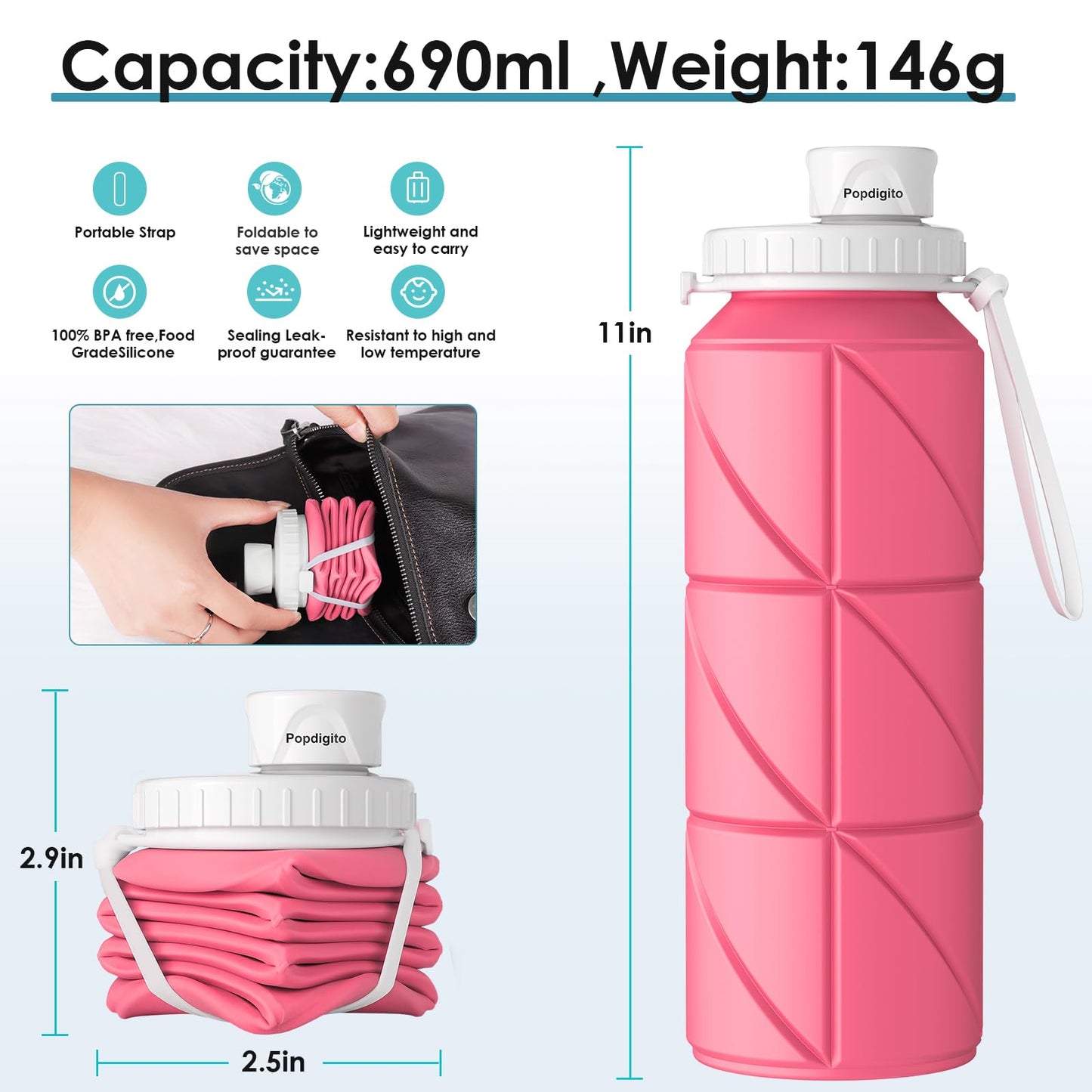 Popdigito Collapsible Water Bottle 2pcs Foldable Silicone Travel Water Bottle Leakproof Flexible BPA Free Portable,Folding Water Bottle Lightweight for Camping, Hiking,Sports 23oz (Pink)