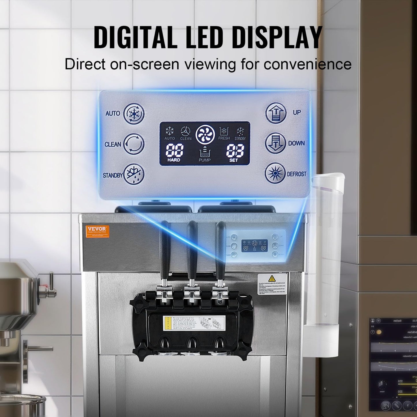 VEVOR 1850W Commercial Soft Ice Cream Machine 3 Flavors 5.5 to 8.2Gallon per Hour PreCooling at Night Auto Clean LCDPanel for Restaurants Snack Bar, Sliver