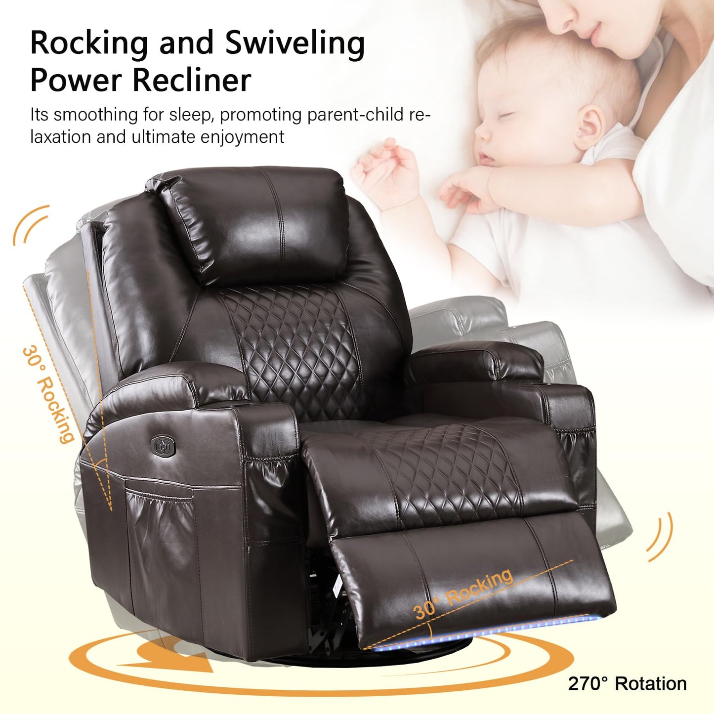 IBTKIG Power Swivel Rocker Recliner Chair with Massage and Heat/LED Lights/USB and Type-C Ports/Infinite Position/Cup Holder, Electric Glider Reclining Sofa for Nursery Living Room(2, Brown)