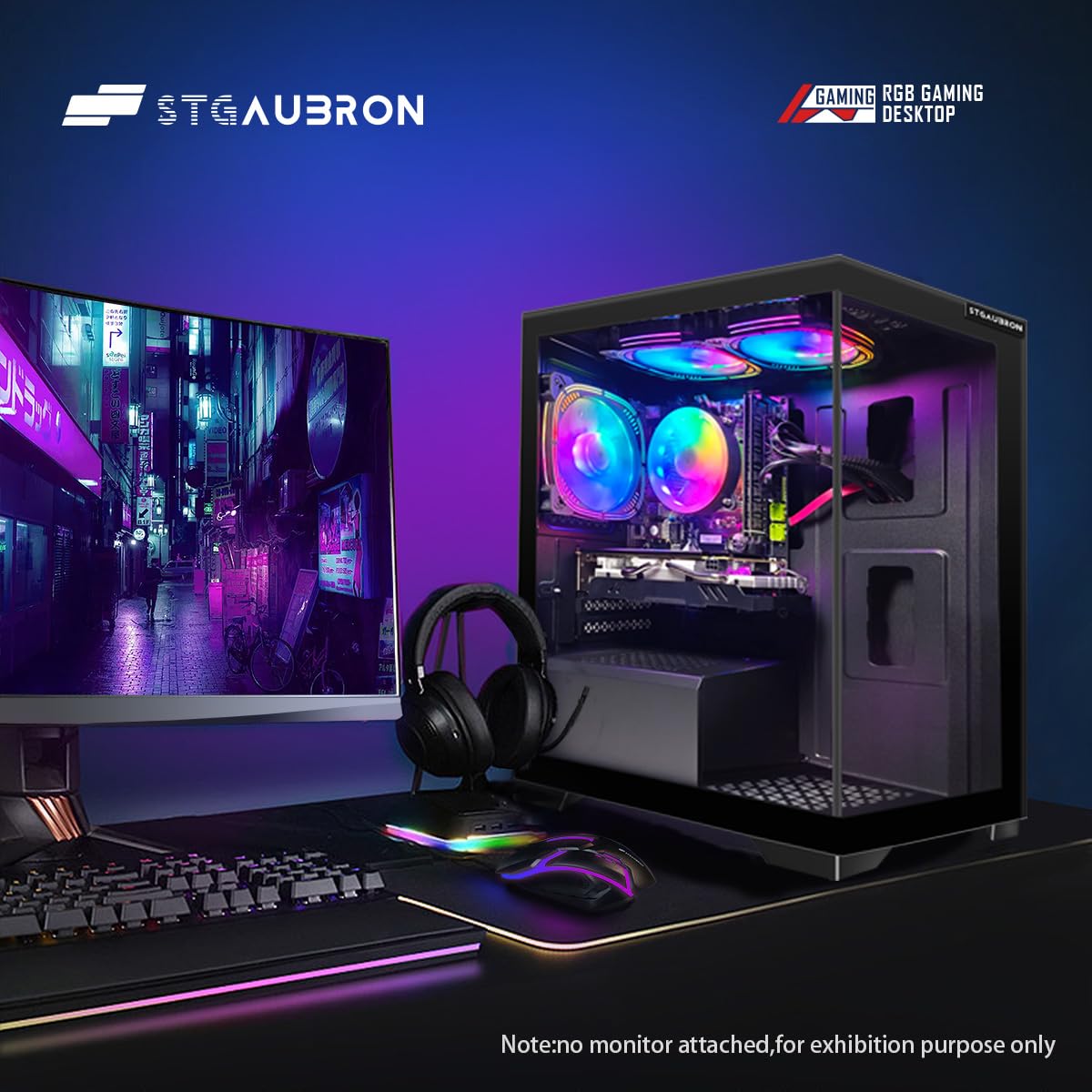 STGAubron Gaming PC Desktop, Radeon RX 580 16G GDDR5, Intel Core i7 up to 3.9G, 16G RAM, 512G SSD, 600M WiFi, BT 5.0, RGB Fan x3, RGB BT Sound Bar, Windows 10 Home