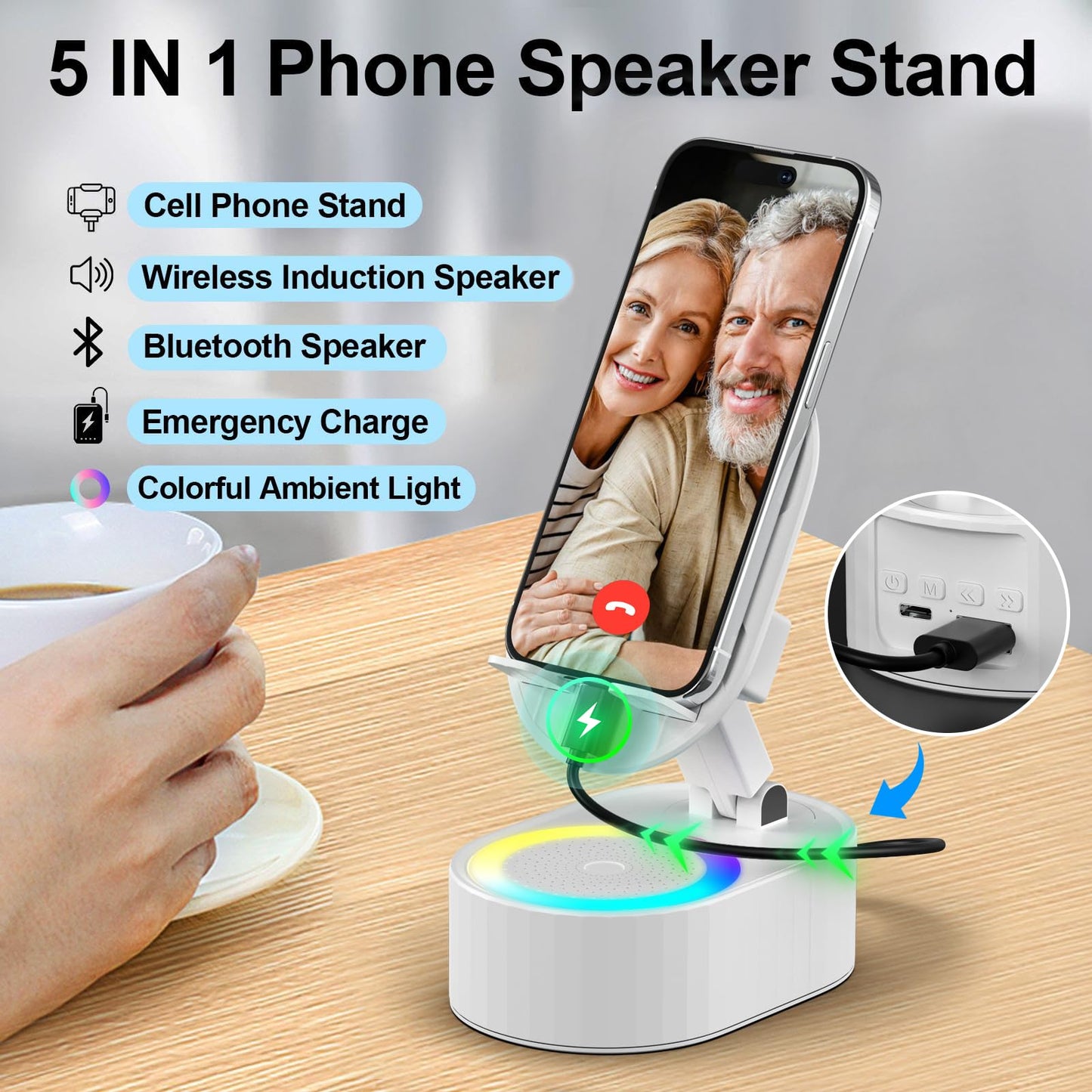 AKLLCCR Wireless Induction Audio Bluetooth Speaker 5in1 Phone Holder Emergency Rechargeable (3000mAh) with Colorful Ambient Light 300° Foldable for Tablet iPhone Android, Gifts for Men Women (White)