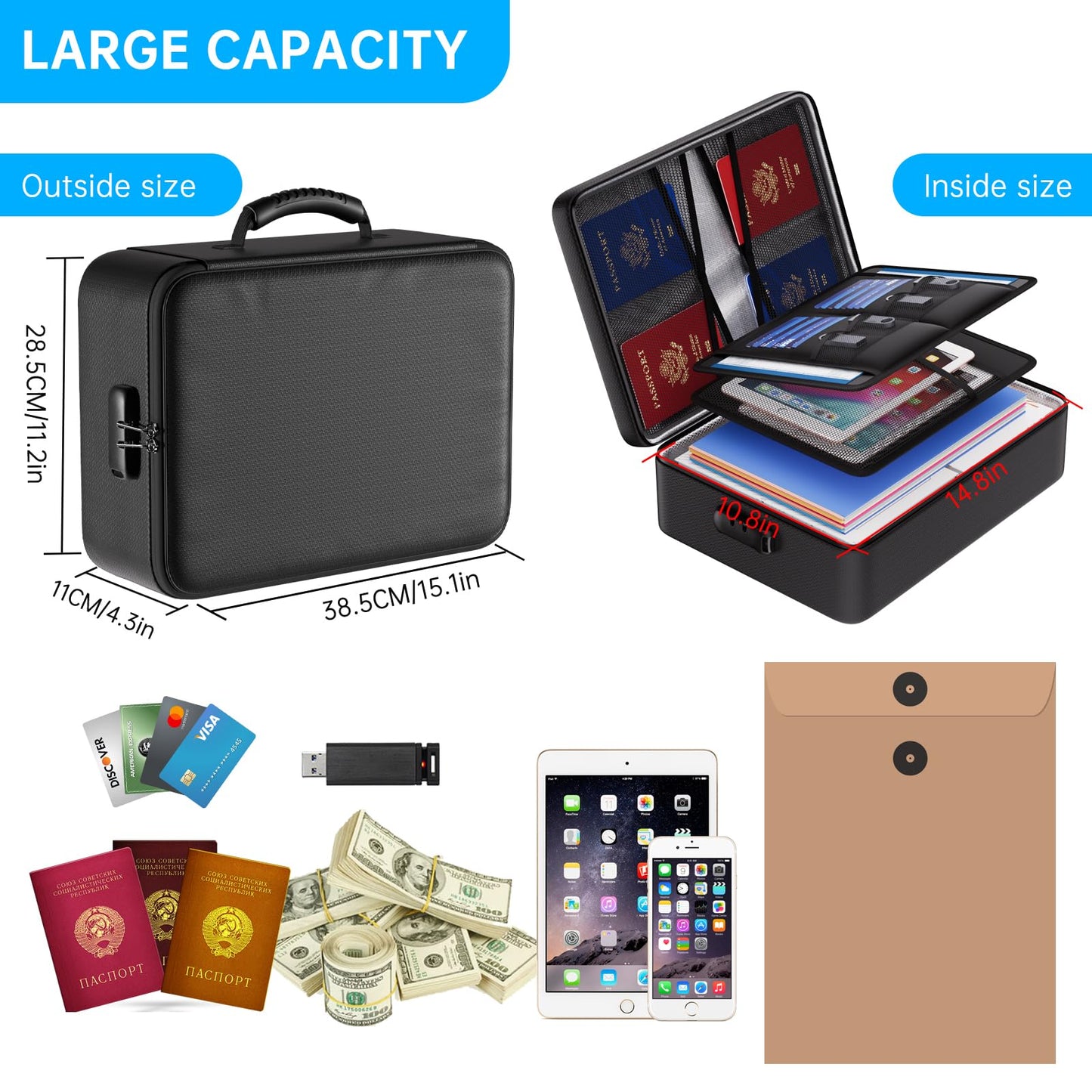 ENGPOW 5200°F Fireproof Document Bag with Lock,Upgraded Heat Insulated Fireproof&Waterproof Box 8 Layers File Organizer,Portable Home Travel Safe Storage for Important Documents,Passports,Laptop