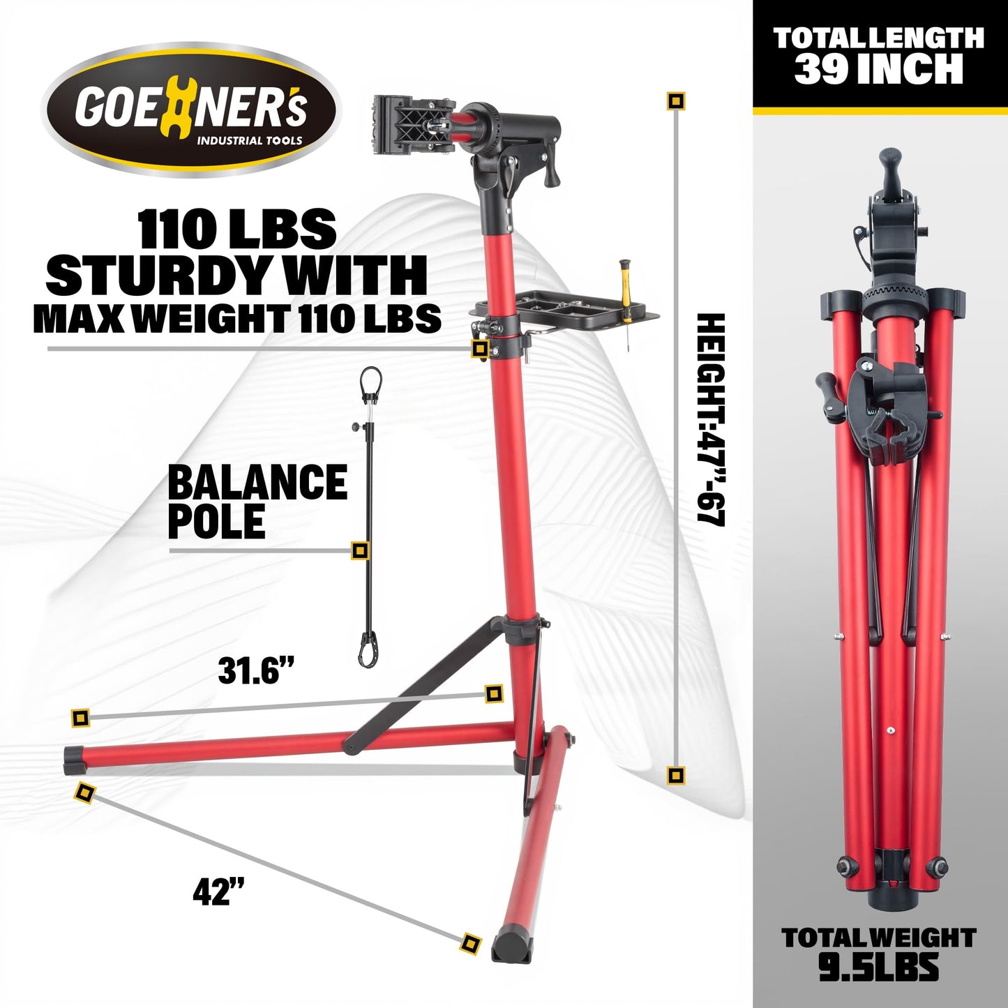 GOEHNER's Upgrade EBike Repair Stand (Max 110 lbs) – Portable Aluminum Bicycle Workstand for Electric, Mountain, and Road Bikes (Red)