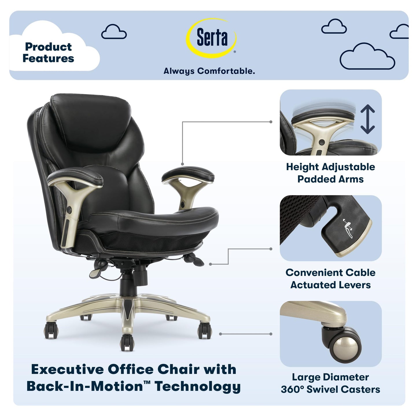 Serta Claremont Ergonomic Executive Office Chair with Back in Motion Technology, Adjustable Mid Back Desk Chair with Lumbar Support, Bonded Leather, Black