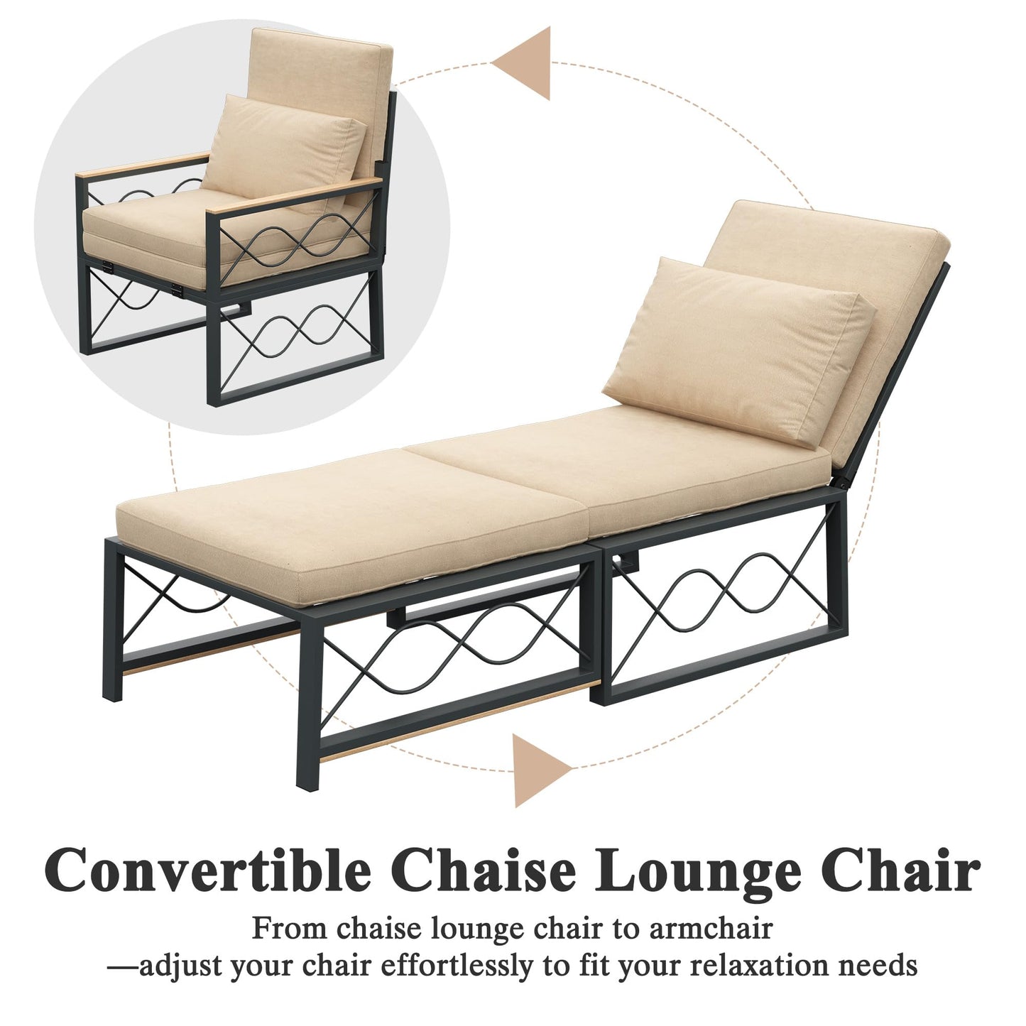 AECOJOY Outdoor Metal Chaise Lounge Chair Set of 2, Patio Convertible Armchair with Cushions, Adjustable 5-Position Recliner with Full Flat Tanning Function for Outside, Pool, Beige, 2 Pack