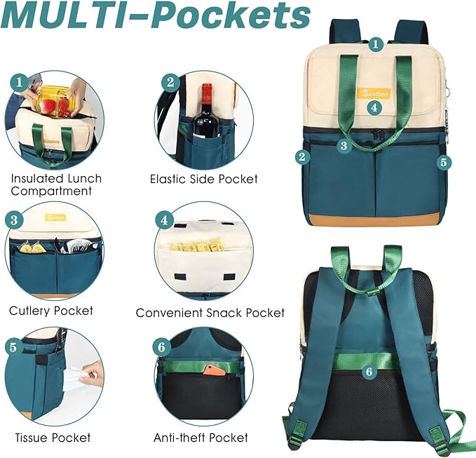 Backpack Cooler with Double Decker & 12 Ice Packs- Keeps 36 Cans Cold for Up to 24 Hours- Waterproof & Leak Proof Insulated Cooler Backpack- Stylish Cooler Bookbag for Women Travel Work Beach