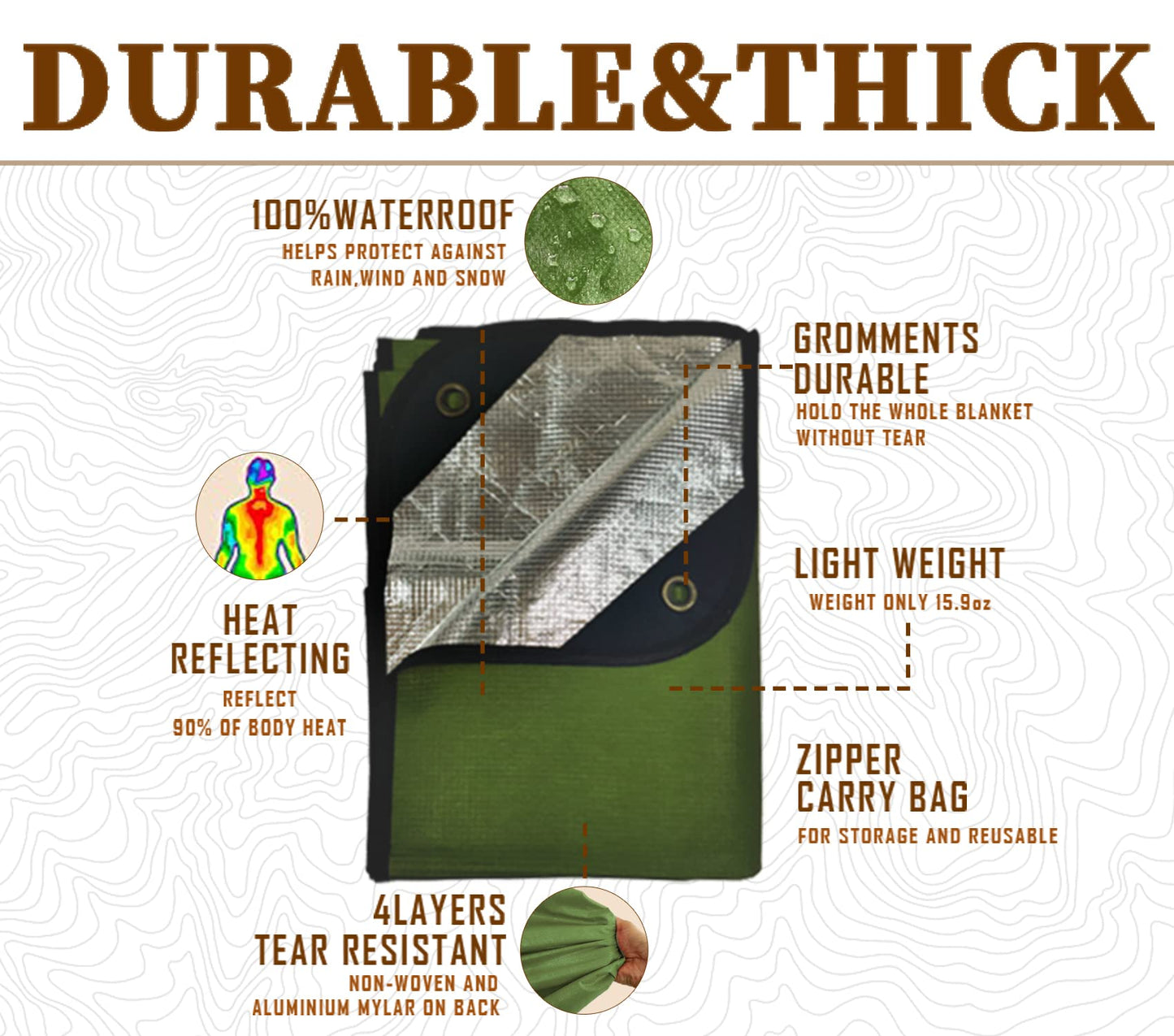 BESTHUNTINER Heavy Duty Survival Blanket -Multifunctional Reflective Tarp Thermal Blanket - 60" x 83" Waterproof Sandproof for Camping Hiking Outdoors Multifunctional Emergency Blanket