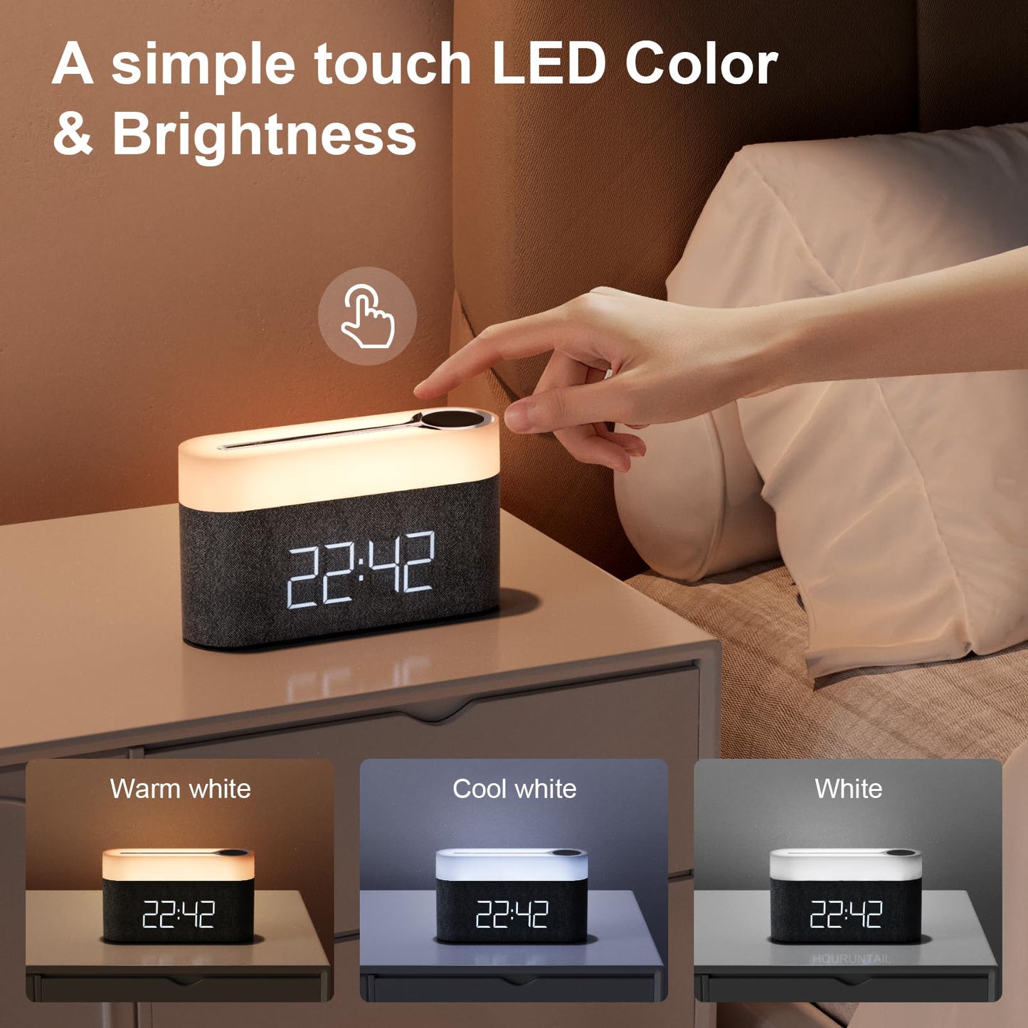 HOURUNTAIL Alarm Clock with Multi-Function Mobile Phone Watch Wireless Charging 15W Max Touch Bedside Lamp,3 Colors nightlight, Sleep Timer for Bedroom,Bedside,Desk