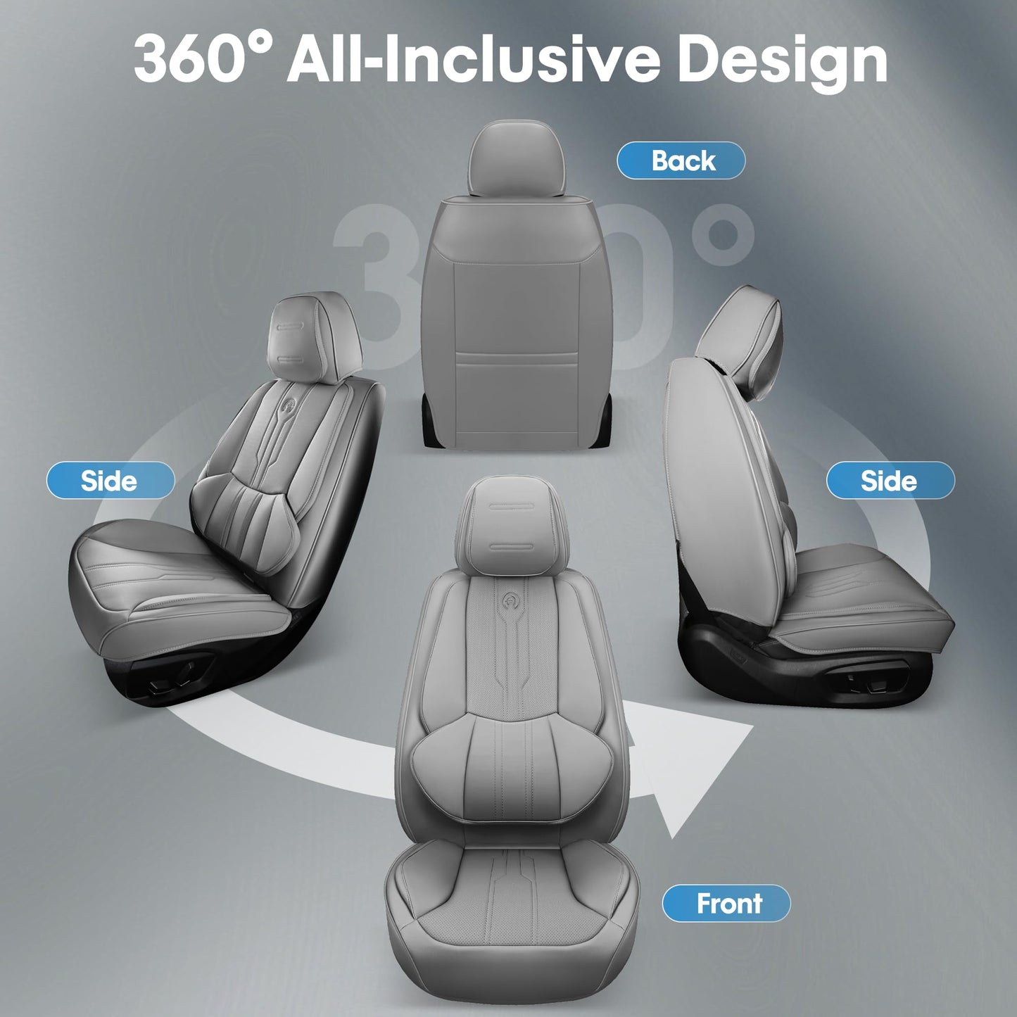 AOOG Car Seat Covers Full Set, Leather Seat Covers for Car, Waterproof Car Seat Protector with Lumbar Support, Automotive Seat Covers Universal Fit for Most Cars SUV Trucks (Full Set, Grey)