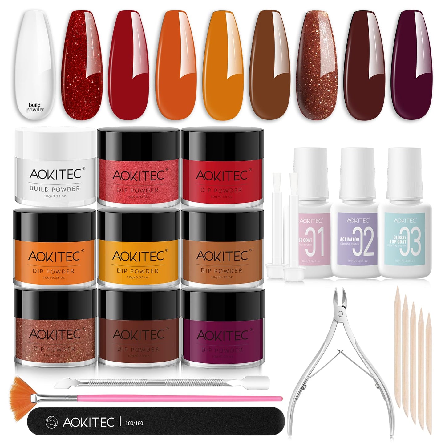 Aokitec 23pcs Dip Nail Kit - 8 Colors Fall Series with Clear Base Activator Top Gel Dipping Powder Liquid Set for French Manicure