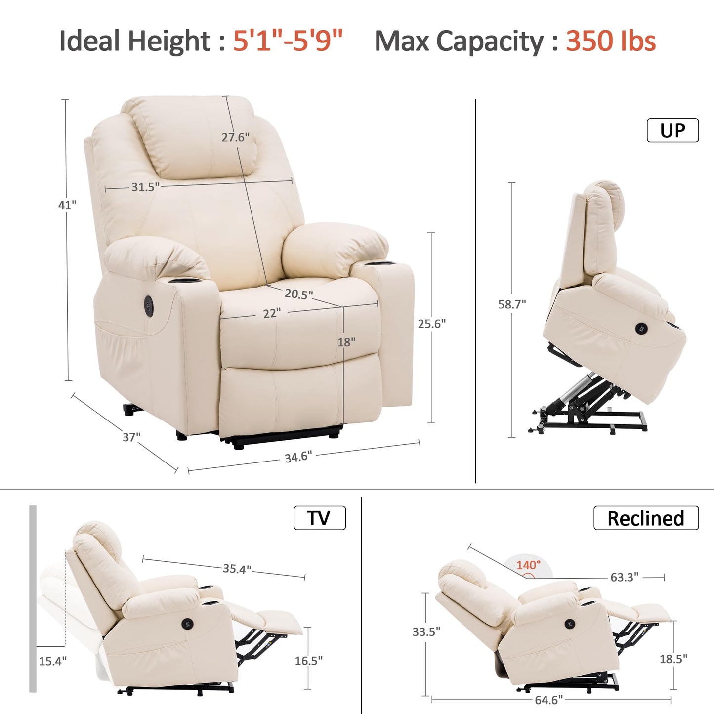 MCombo Power Lift Recliner Chair for Elderly, Lift Chair with Heat and Massage, FSC Certified, USB Ports, Cup Holders, Faux Leather 7040 (Cream White, Medium)