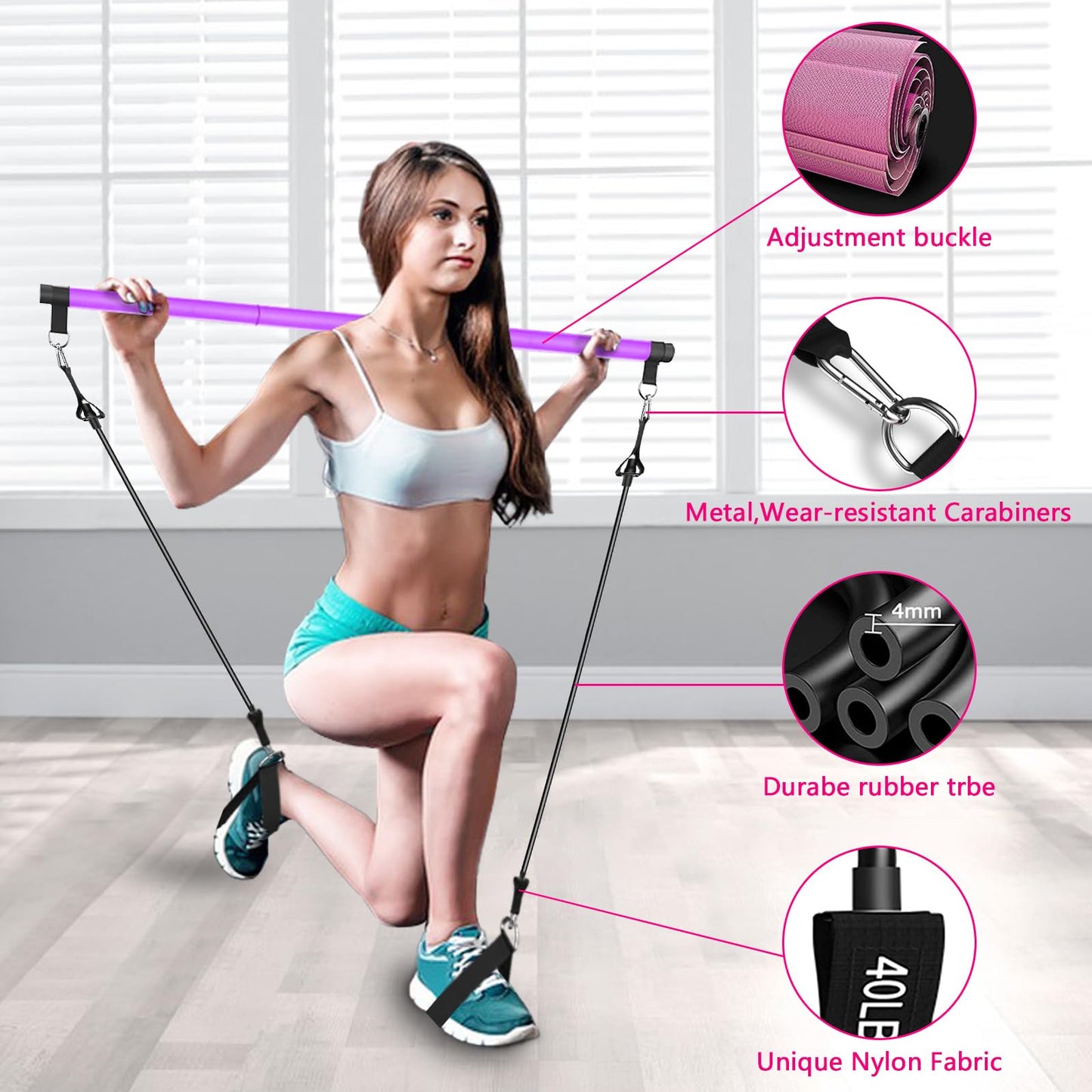Pilates Bar Kit with Resistance Bands(4 x Bands),3-Section Pilates Bar with Stackable Bands Workout Equipment for Legs,Hip,Waist and Arm,Adjustable Pilates Flexbands Kit Home Gym Yoga Pilates Purple
