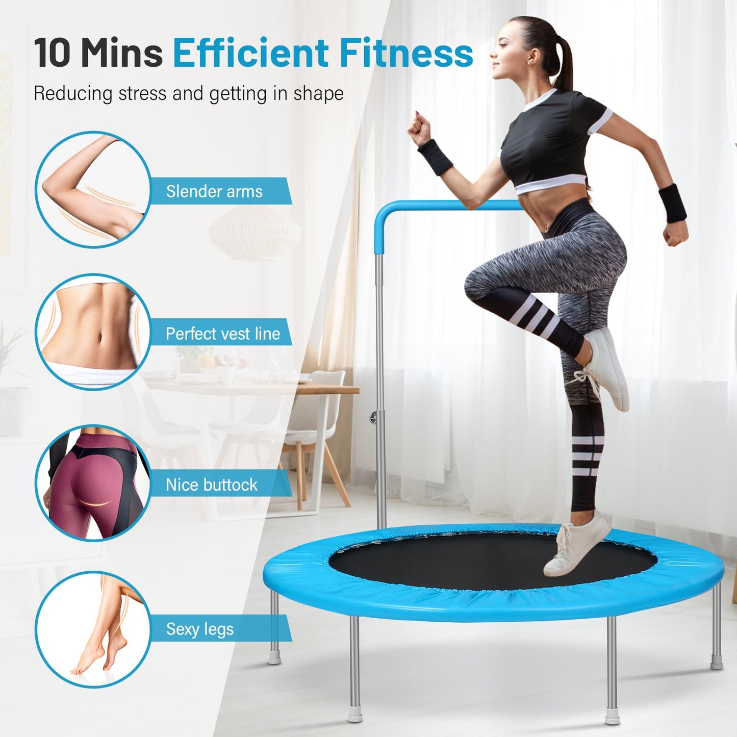 Lyromix 48Inch Rebounder Trampoline for Adults with Adjustable Bar, Mini Fitness Trampoline for Adults and Kids, Small Exercise Trampoline with Handle for Indoor Outdoor Workout, Blue