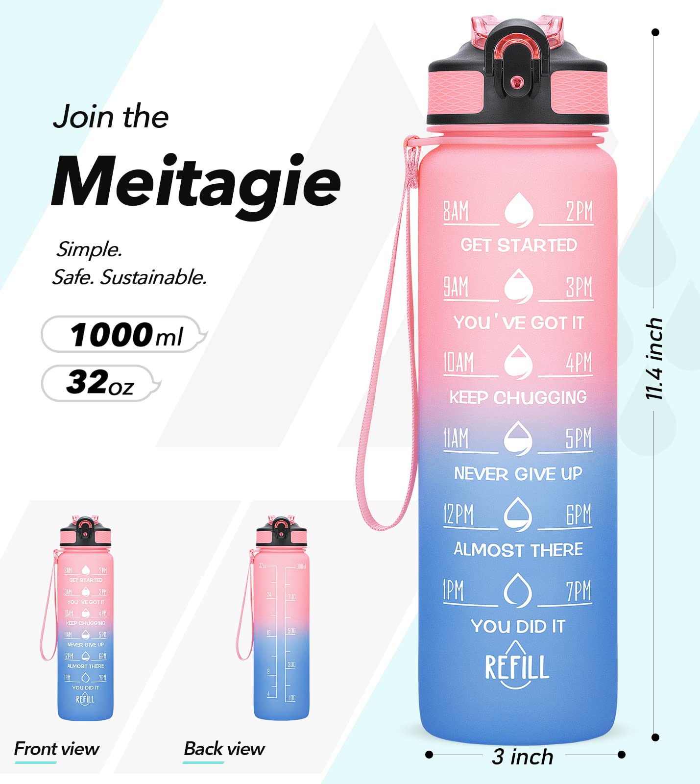 MEITAGIE 1 litre Motivational Fitness Sport Water Bottle with Straw & Time Maker, Leak-proof, BPA-free, Tritan, Toxin Free Plastic Drink Bottle Design for Girls, Boy, Cycling, School & Office