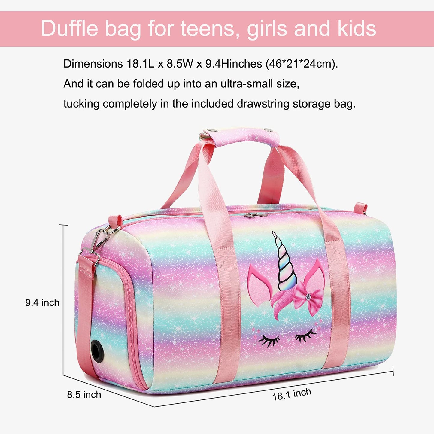 Dance Ballet Bag Girls Gymnastics Bag Overnight Duffle Bag Unicorn Sports Gym Bag with Shoe Compartments, Teens Sleepover Carry On Bag