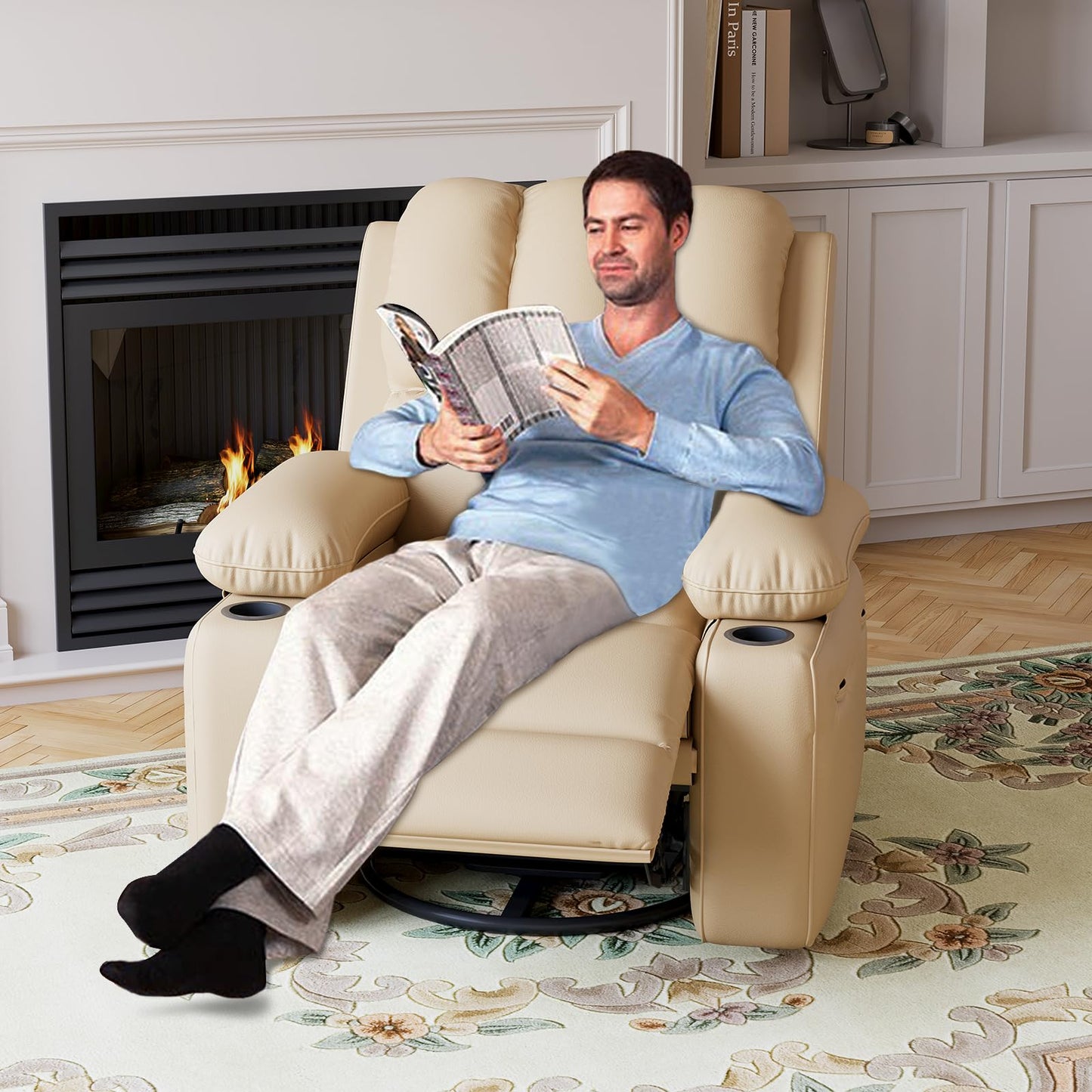 GarveeHome Leather Recliner Chair, Manual Recliner w/Comfortable Arms and Cup Holders for Living Room CF8011 - Beige, Medium