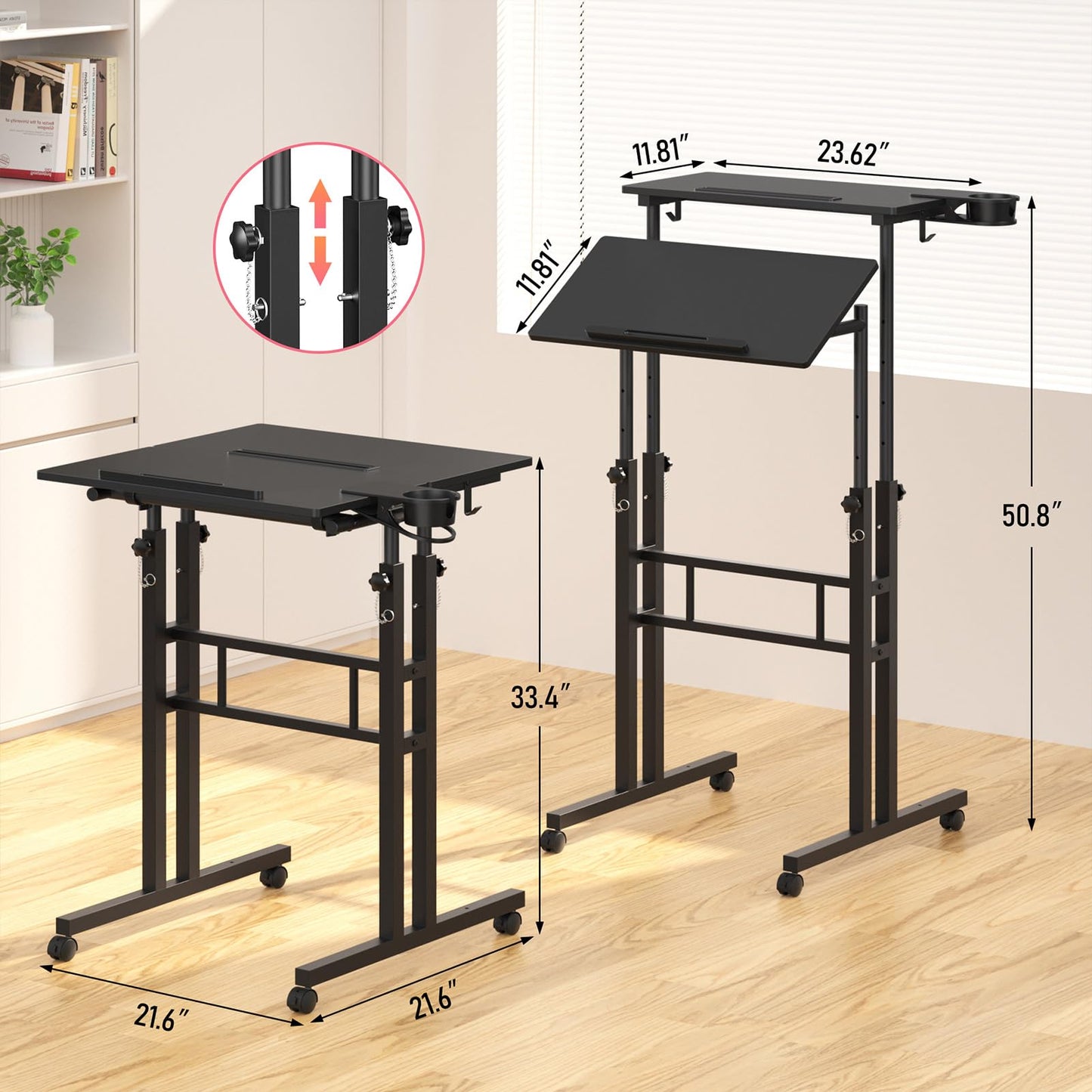 Enayplon Small Standing Desk with Wheels, Tall Mobile Stand Up Table, Portable Standing Desk for Walking Pad, Rolling Table Adjustable Height, Rolling Computer Table for Tall Person