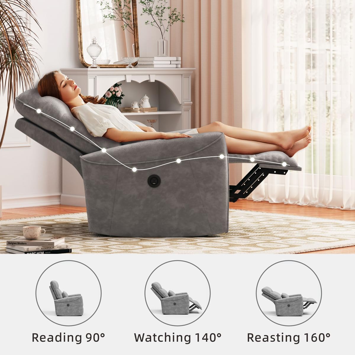 MECHYIN Power Recliner Chair for Adults, Reclining Sofa Chair, Adjustable Home Theater Seating Lounge with Lumbar Support, Small Recliners for Living Room with Charging Ports (Lividity)