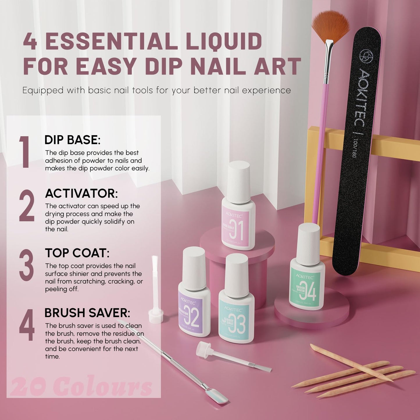 Aokitec 36 Pcs Dip Powder Nail Kit Starter, 20+1 Clear Nude Pink Brown Glitter Colors Dipping Powder Set with Dip Base Activator Top Coat Brush Saver Dip Liquid Set Clear Build Powder for Salon Gift