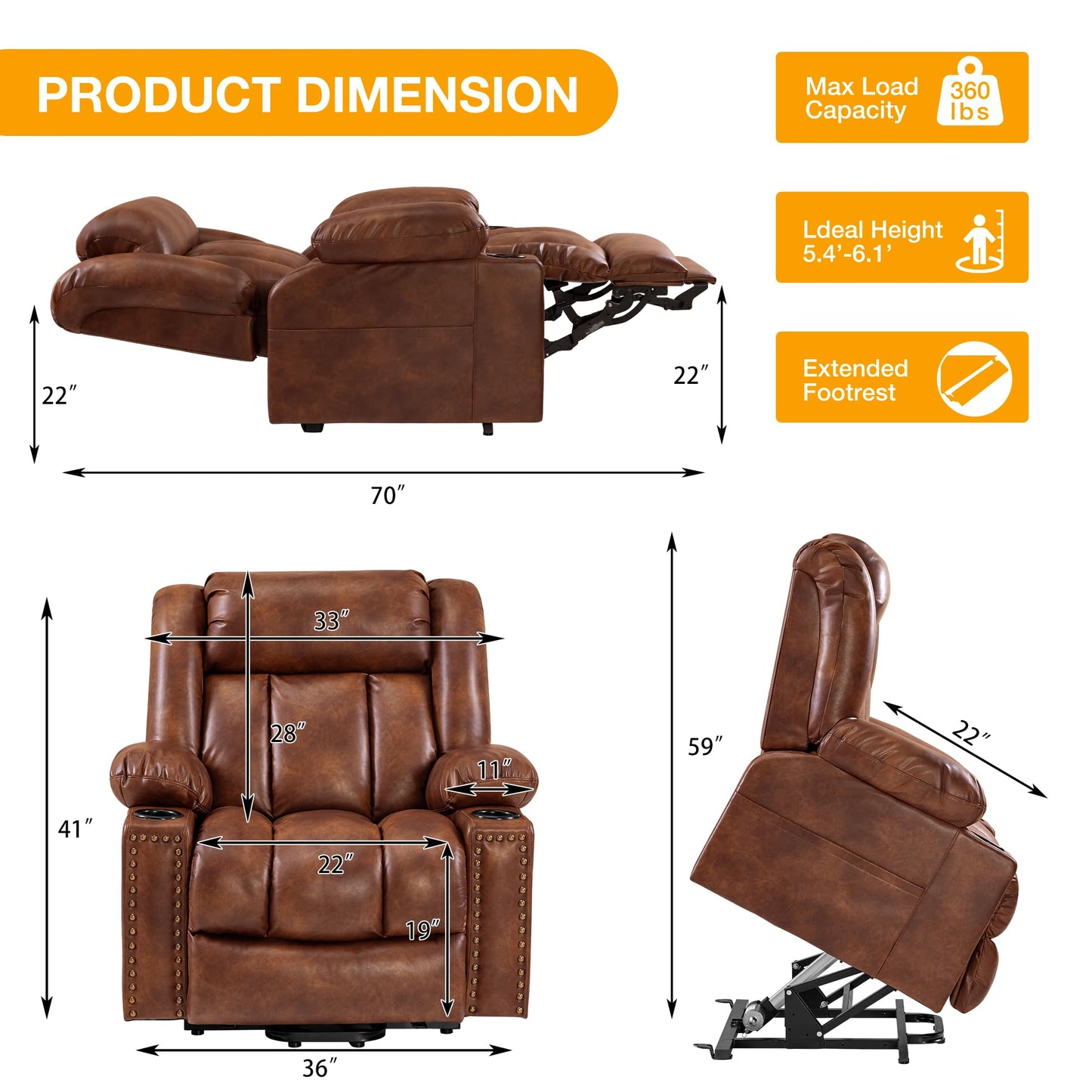 Cfvyne Triple Motor Large Power Lift Recliner Chair for Elderly with Heat and Massage, Lay Flat Lift Chairs for Seniors Infinite Position, Extended Footrest, USB Ports, Cup Holder, Light Brown