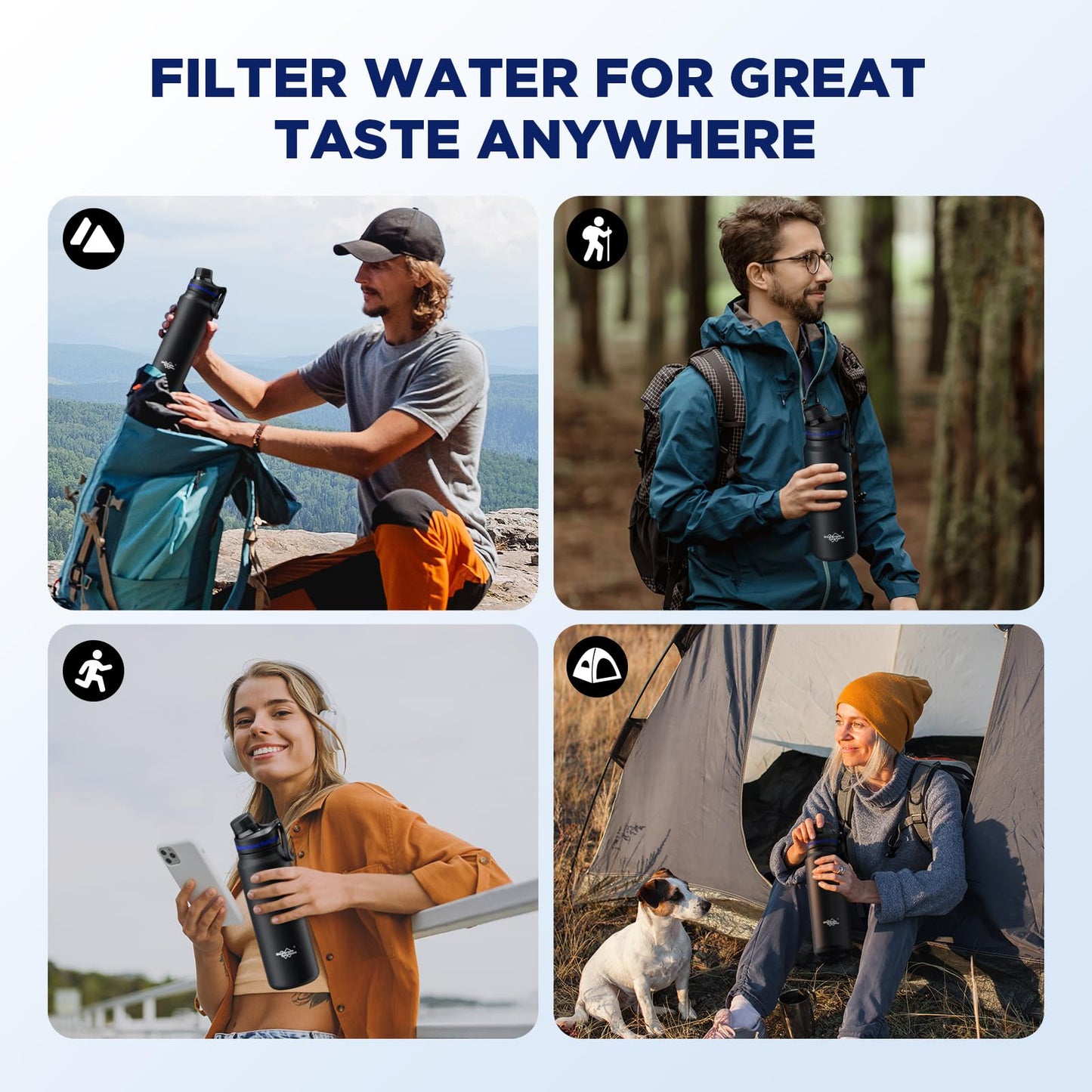 Membrane Solutions C3 Filtered Water Bottle, 32oz Stainless Steel Water Bottle with Replaceable ACF+UF Filter Cartridge, Portable Water Filter, Travel, Hiking & Camping for Drinking Water(Black)