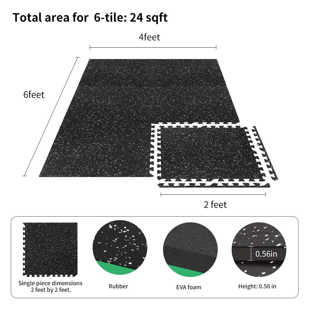 0.56in Thick 24 Sq Ft Gym Flooring for Home Gym, 6 Tiles Workout Exercise Equipment Mats, Rubber Top with EVA Foam, Interlocking Puzzle Floor Tiles for Fitness Room, Protective Flooring Mat