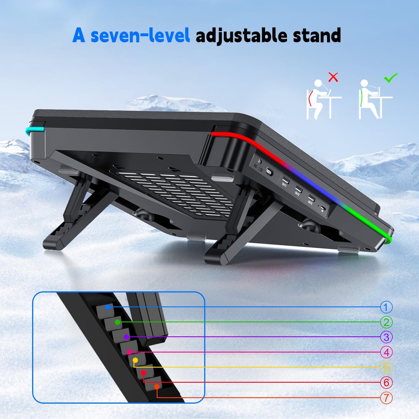 IETS GT600 RGB Laptop Cooling Pad Equipped with Gigantic Turbo-Fan(5.5inch Diameter),Sealed Foam for Rapid Cooling Gaming Laptop,14.1-19.3 inch Laptop Cooler with 3-Port USB Hub,Dust Filter