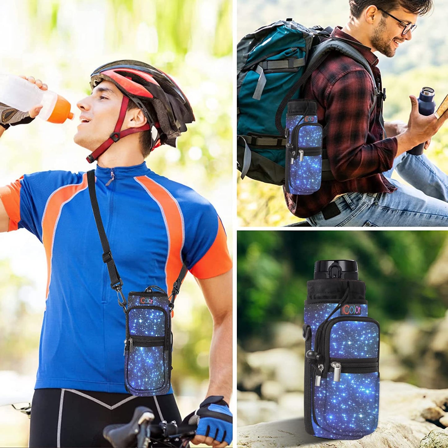 icolor Water Bottle Carrier Bag Holder 25/32/40/64oz,Adjustable Padded Shoulder & Handle Strap Sports Sling Hiking Pack,Insulated Neoprene Wide Mouth Bottle Sleeve