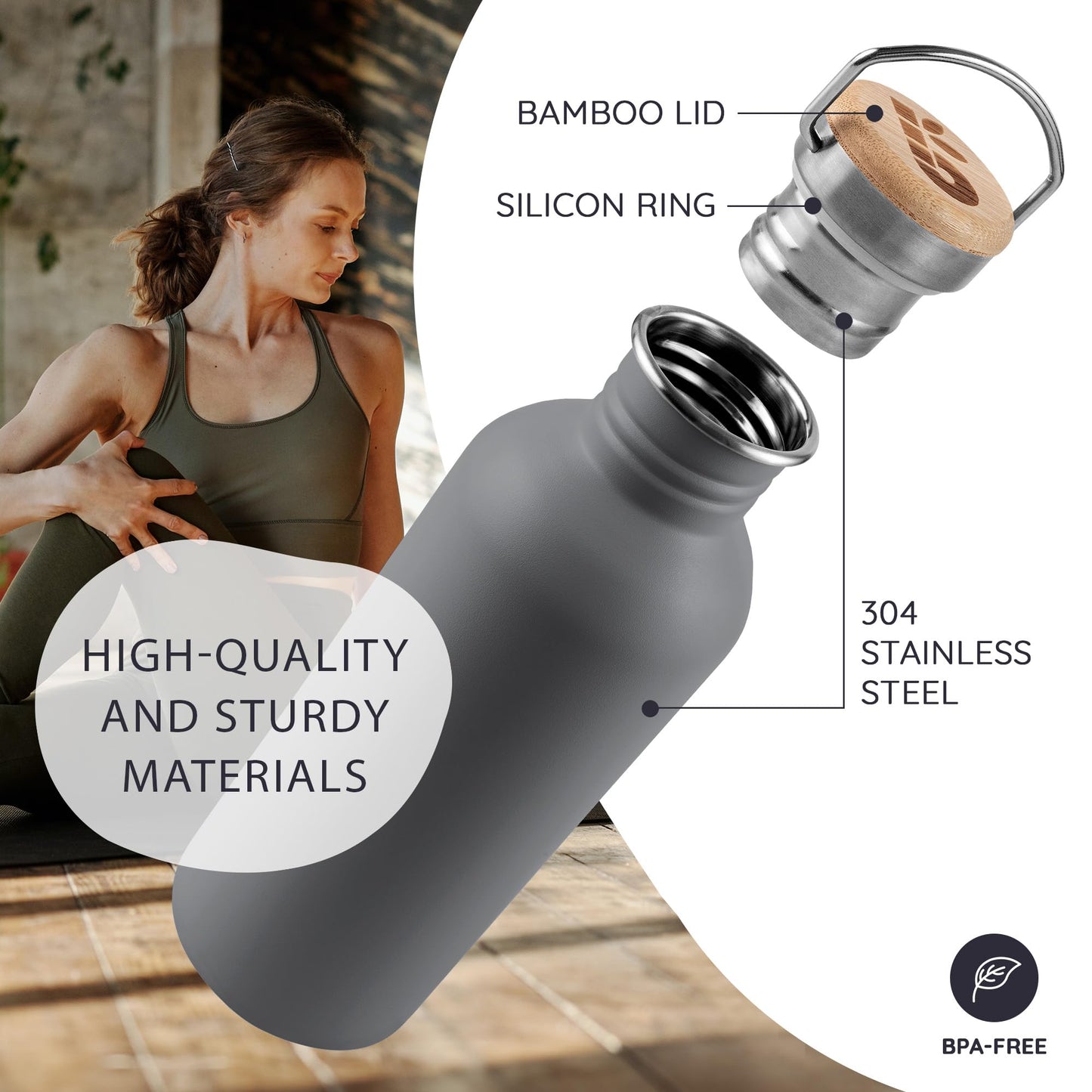 Bambaw 16 oz Water Bottle no Straw, Gray Single Wall Stainless Steel Water Bottle, Non-insulated Reusable Water Bottle BPA Free 16 oz, Small Water Bottle with Handle – Stormy Gray