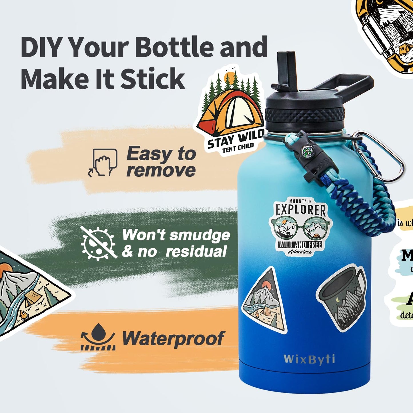 WixByti 64 oz Insulated Water Bottle with Straw (Cold for 48 Hrs), Half Gallon Stainless Steel Triple Wall Vacuum Sports Water Jug, Leakproof Hydro Cup Flask with Straw Spout Lids & DIY Stickers