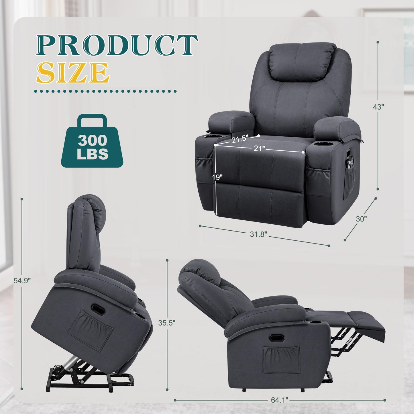 Flamaker Power Lift Recliner Chair with Massage for Elderly Ergonomic Lounge Chair Classic Single Sofa with 2 Cup Holders Side Pockets Home Theater Seat (Fabric, Navy Blue)