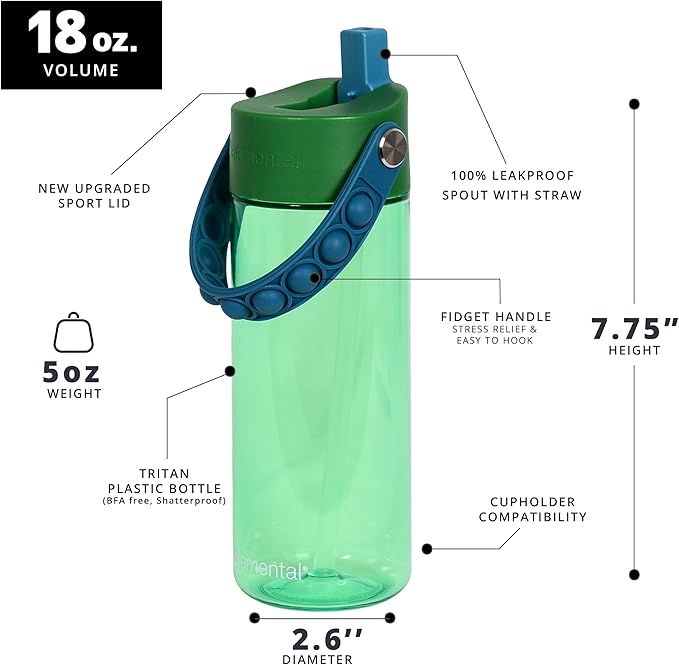Elemental Leak Proof Water Bottles for Kids - Splash Kids Water Bottle for School with Fun Fidget Pop-it Handle - Tritan Plastic Water Bottle with Straw - Dinosaur & Green - 18oz (2 Pack)