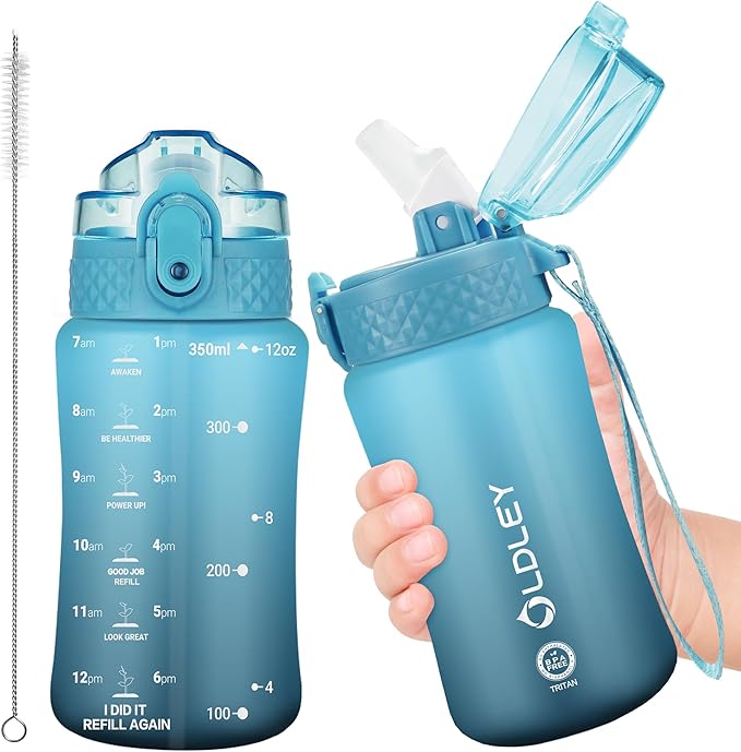 OLDLEY Kids Water Bottle for School, 12 oz (Straw Lid) BPA-Free Reusable Leak-proof Durable Tritan Plastic Water Bottles with One-handed Opening Straw Lids, Anti-dust Spout Cover (Bluenavy)