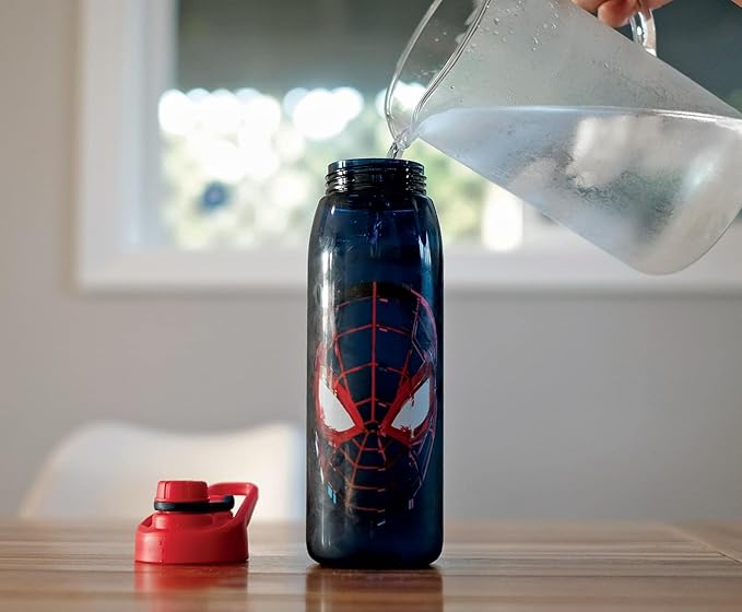 Silver Buffalo Marvel Spider-Man Miles Morales 28-Ounce Sports Bottle | BPA-Free Plastic Water Jug With Leakproof Screw-Top Lid And Flip-Up Cap | Hydration For Outdoor Activities, Gym Fitness Gifts