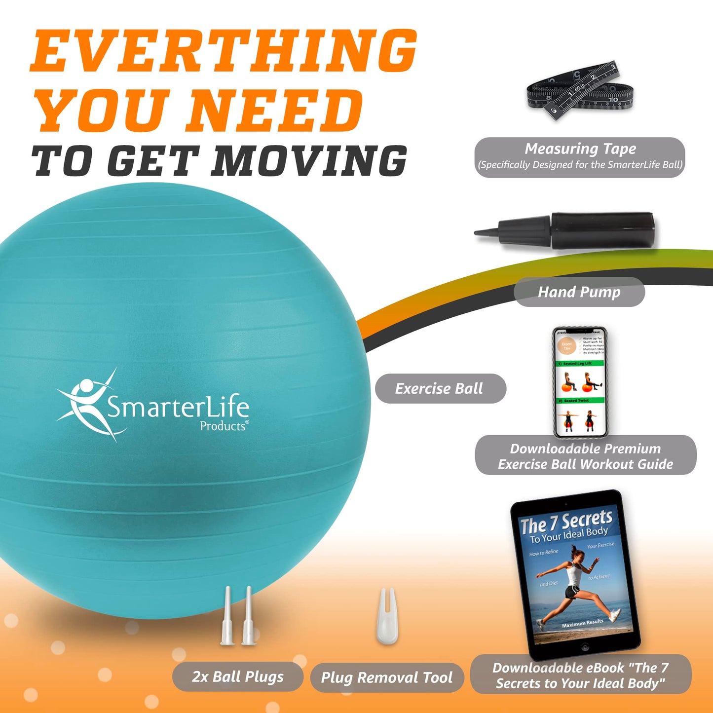 SmarterLife Workout Exercise Ball for Fitness, Yoga, Balance, Stability, or Birthing, Great as Yoga Ball Chair for Office or Exercise Gym Equipment for Home, No-Slip Design (45cm, Turquoise)