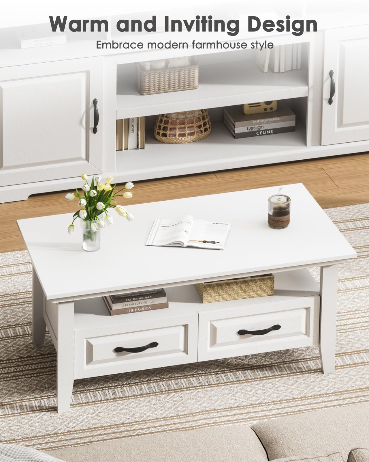 Amada White Coffee Table for Living Room, 39.4" Farmhouse Wood Coffee Table with Storage, Featuring Open Display Shelf, Hidden Drawers, Robotic Vacuum-Friendly, Ideal for Home Office, White