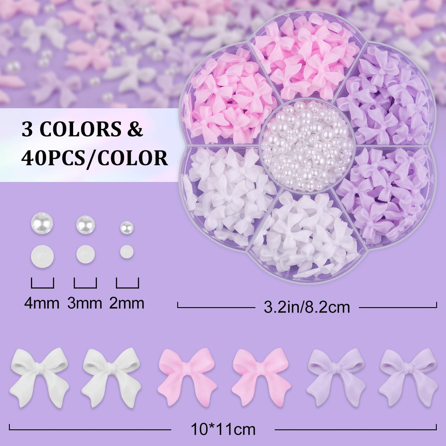 1 Box 3D Bow Charms and Flatback Pearls Set 3, 120 Pcs Cute Bow Charms for Design + 2-4mm White Pearls With Pickup Tweezer and Pencil for Nail Art Decoration