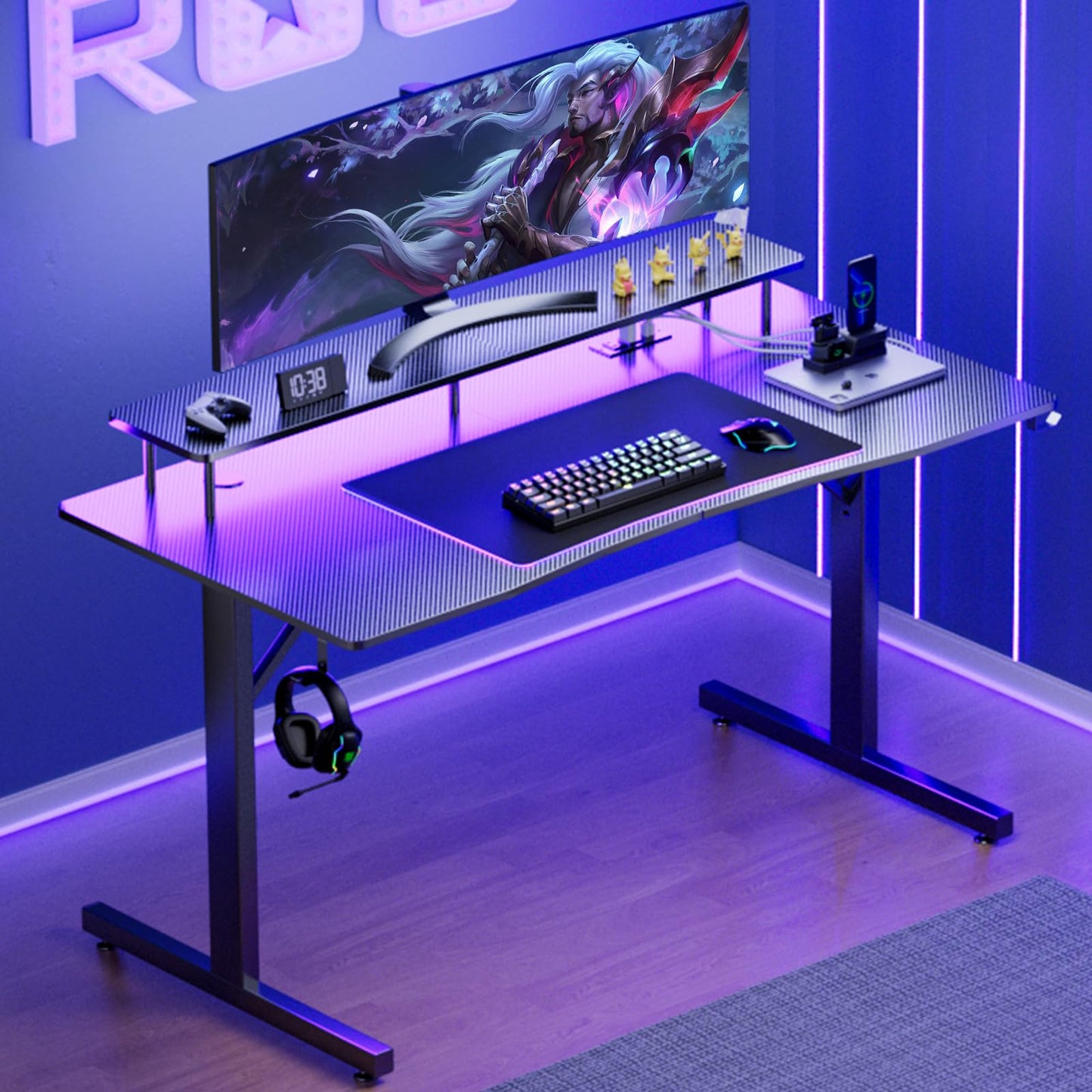 GTRACING 55 Inch Gaming Desk with LED Lights & Power Outlet, Computer Gamer Desk with Monitor Stand, Ergonomic Carbon Fiber Gaming Table Home Office Desk with Headphone Hook & Mouse Pad