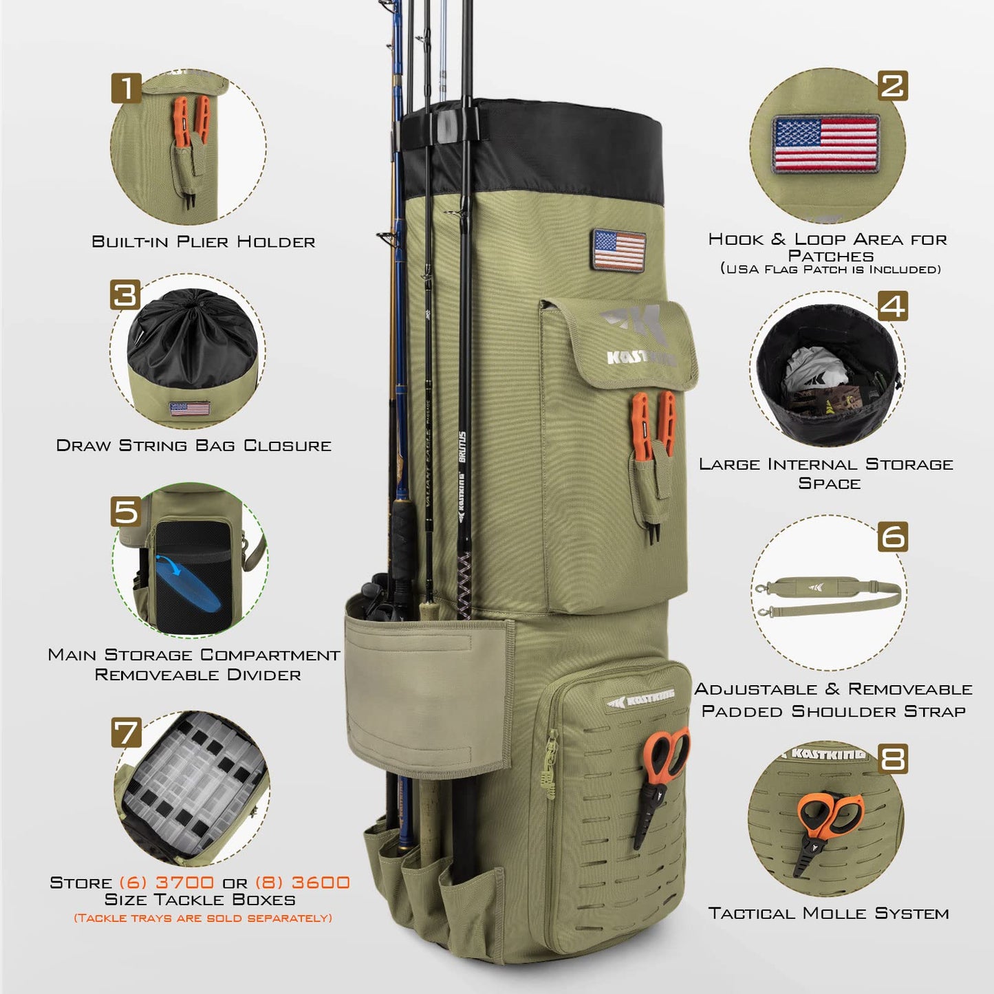 KastKing Karryall Fishing Rod Bag,81L Large Storage Water-resistant Rod Case Holds 6 Rods & Reels,Foldable Fishing Bag Accommodate Fishing Gear and Equipment,Fishing Gifts for Men,Khaki