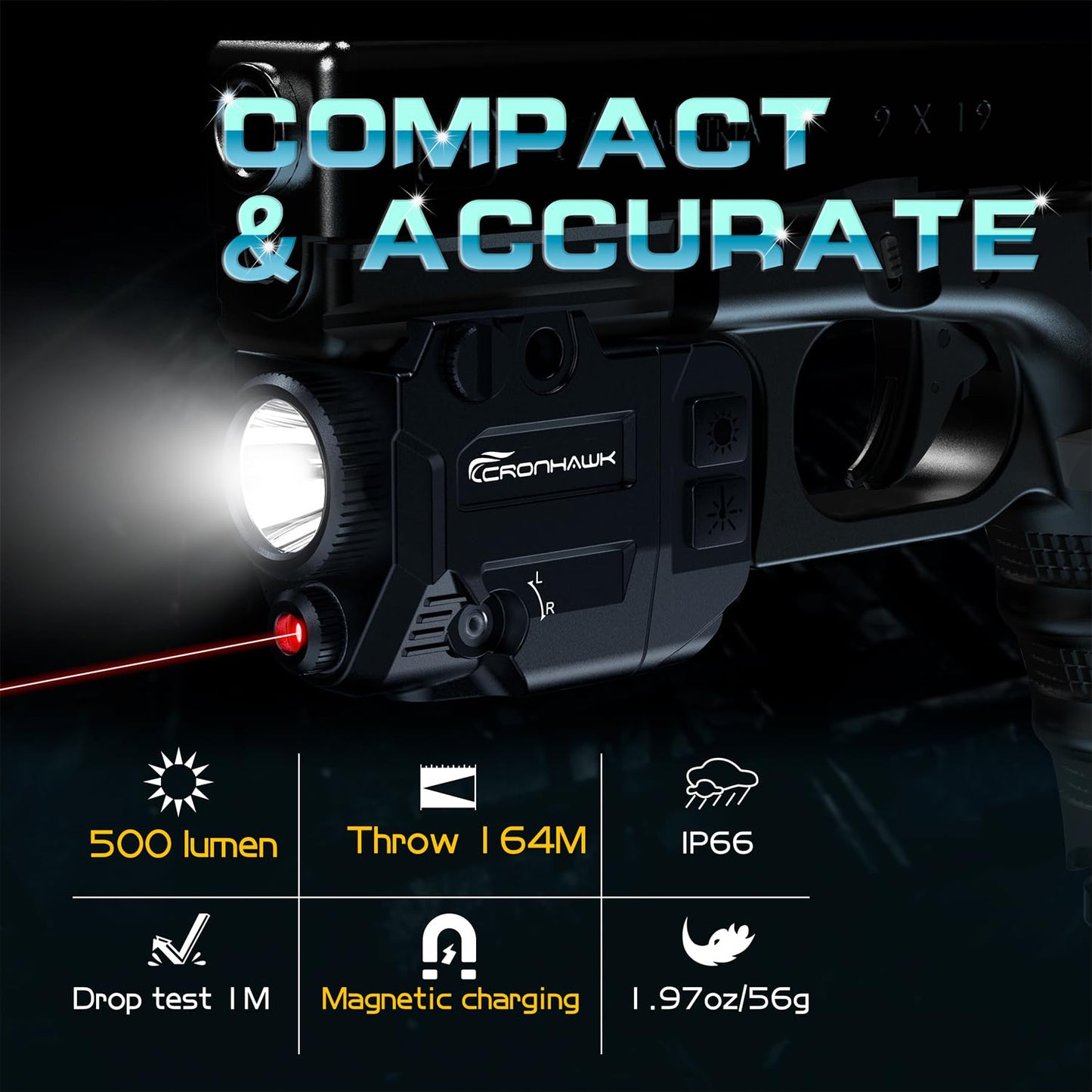 CRONHAWK 500 Lumens Tactical Weapon Flashlights Laser Sight - Rail-Mounted Light and Red Laser Light Combo for Pistol with Picatinny Rail and GL Rails - Magnetic Charging Port