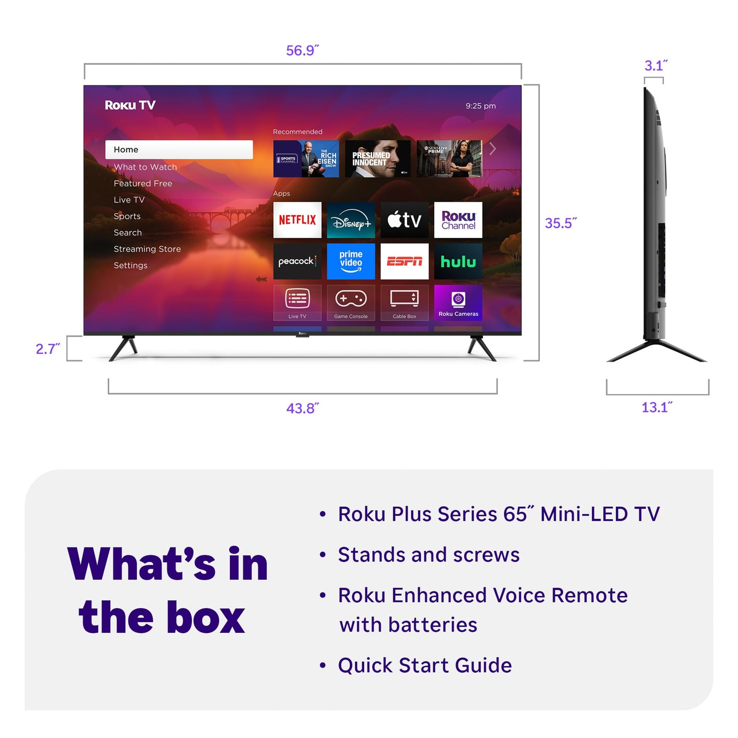 Roku Smart TV 2025 – 65-Inch Plus Series, Mini-LED TV – RokuTV with Enhanced Voice Remote – Flat Screen 4K QLED Television with Dolby Vision & Wi-Fi for Streaming Live Local News, Sports