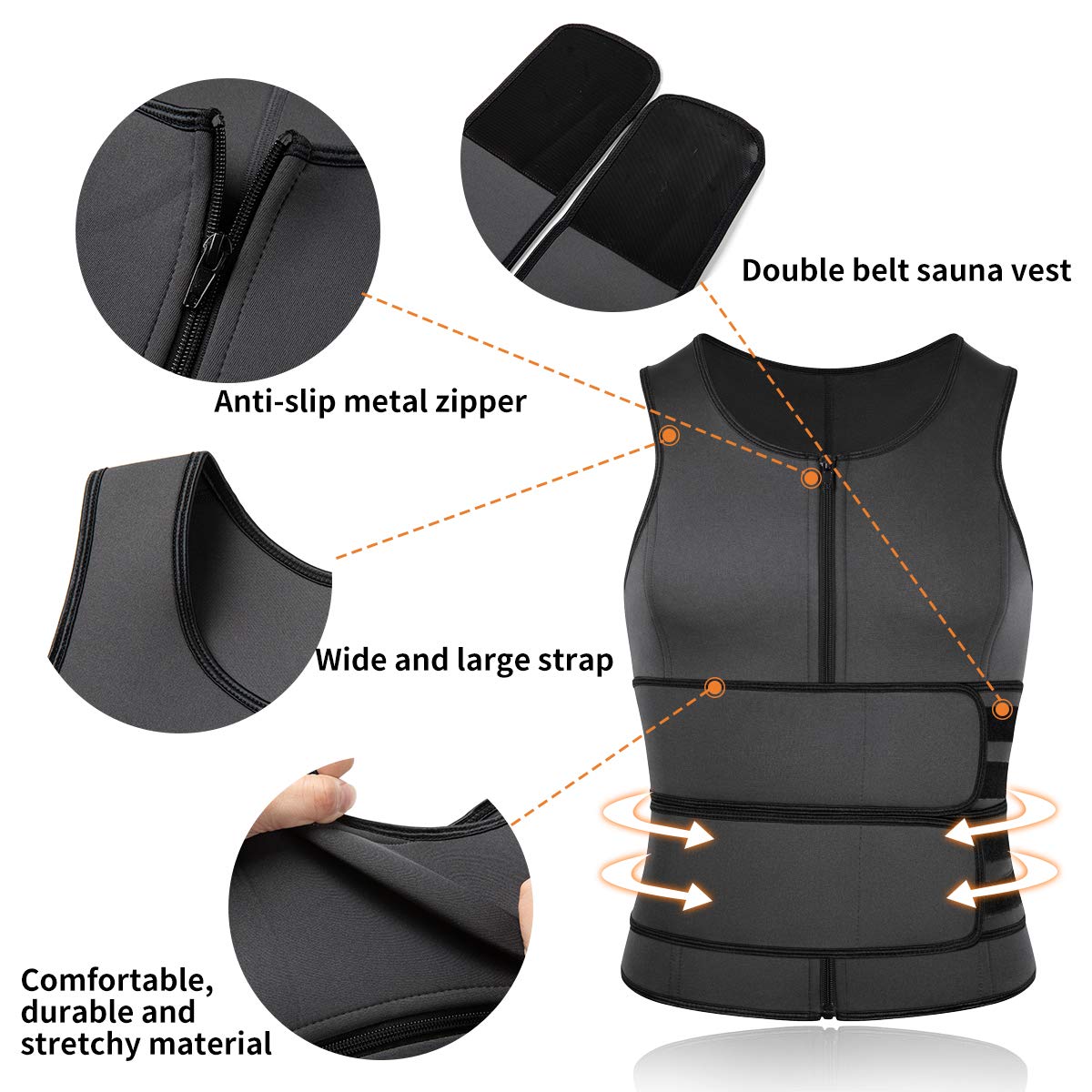 SHAPERIN Men Neoprene Sauna Zipper Waist Trainer Vest Tank Top Trimmer Body Shaper