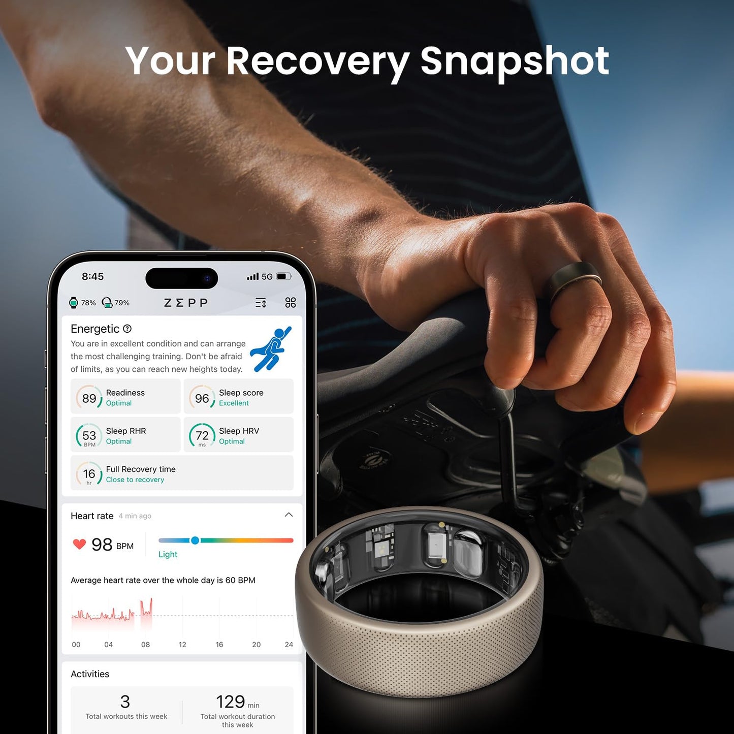 Amazfit Helio Smart Ring Health Tracker, Fitness Tracker Ring, No Subscription, Monitors Sleep, Heart Rate & Stress, Titanium Alloy, Fast 1.4-Hr Charging, Swim/Shower Water-Resistant (Size 12)