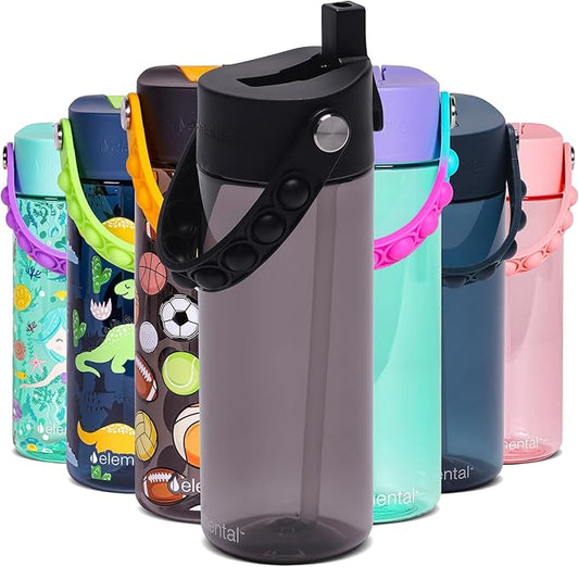 Elemental Leak Proof Water Bottles for Kids - Splash Kids Water Bottle for School with Fun Fidget Pop-it Handle - BPA Free Tritan Plastic Reusable Water Bottle with Straw - Black - 18oz