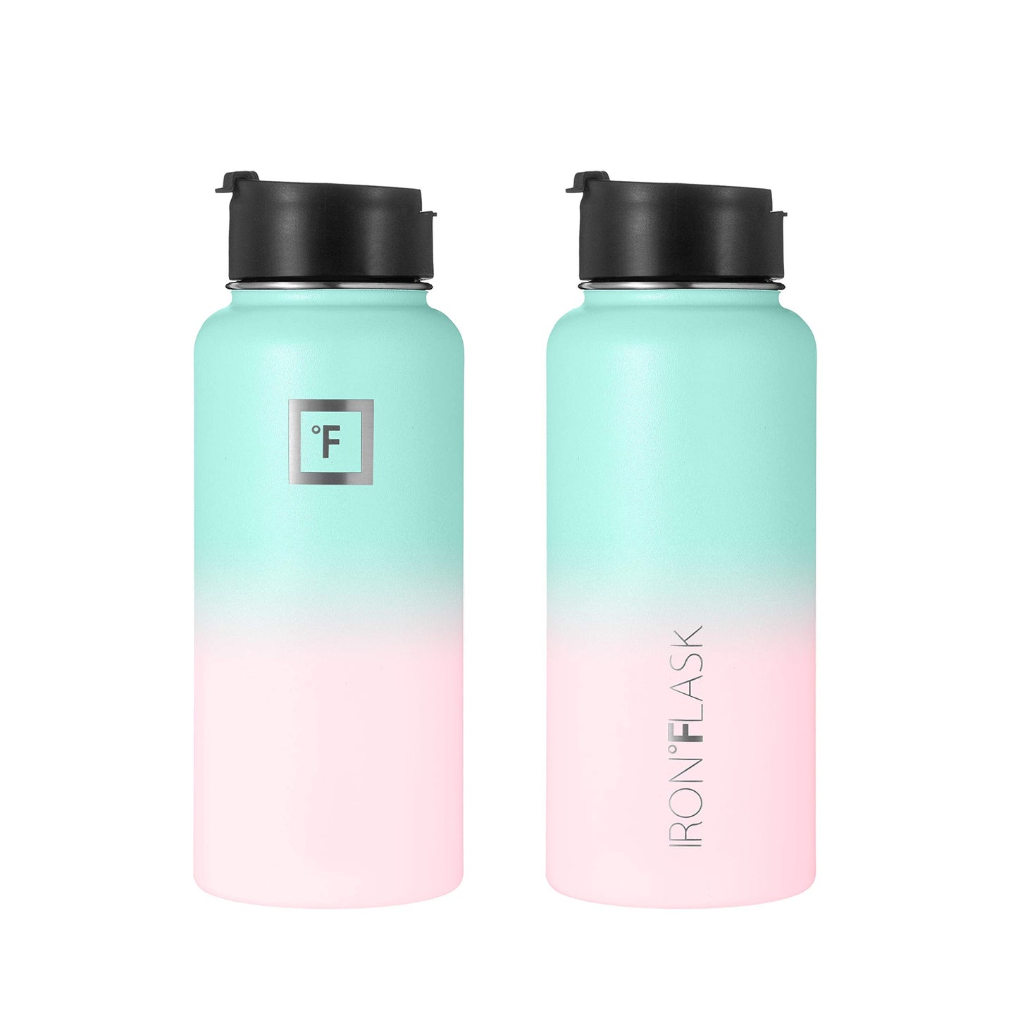 IRON °FLASK Camping & Hiking Hydration Flask, Wide Mouth, 3 Straw Lids, Stainless Steel Outdoor Water Bottle, Double Walled, Insulated Thermos, Metal Canteen - Bubble Gum, 32 Oz