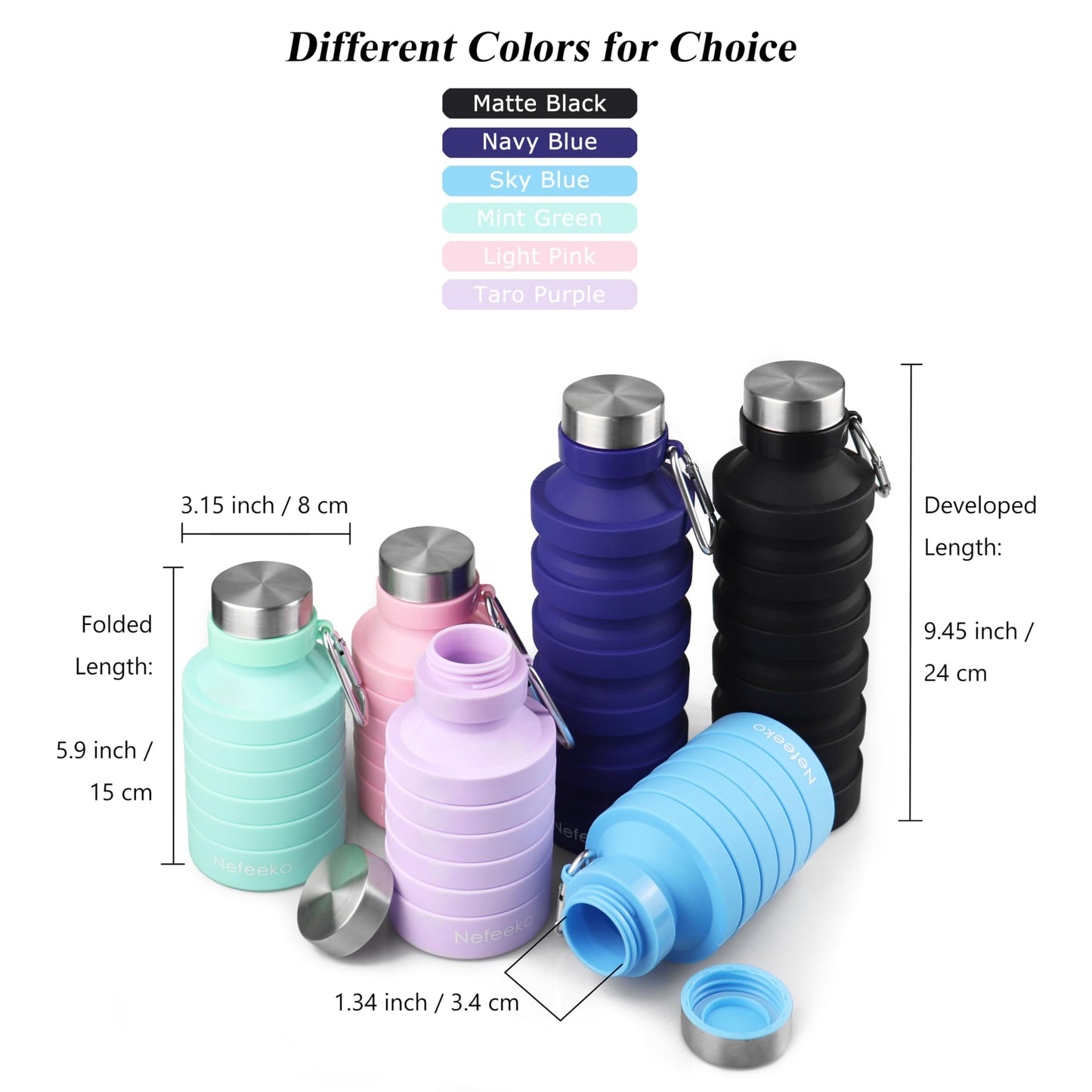 Nefeeko Collapsible Water Bottle, Reuseable BPA Free Silicone Foldable Water Bottles for Travel Gym Camping Hiking, Portable Leak Proof Sports Water Bottle with Carabiner