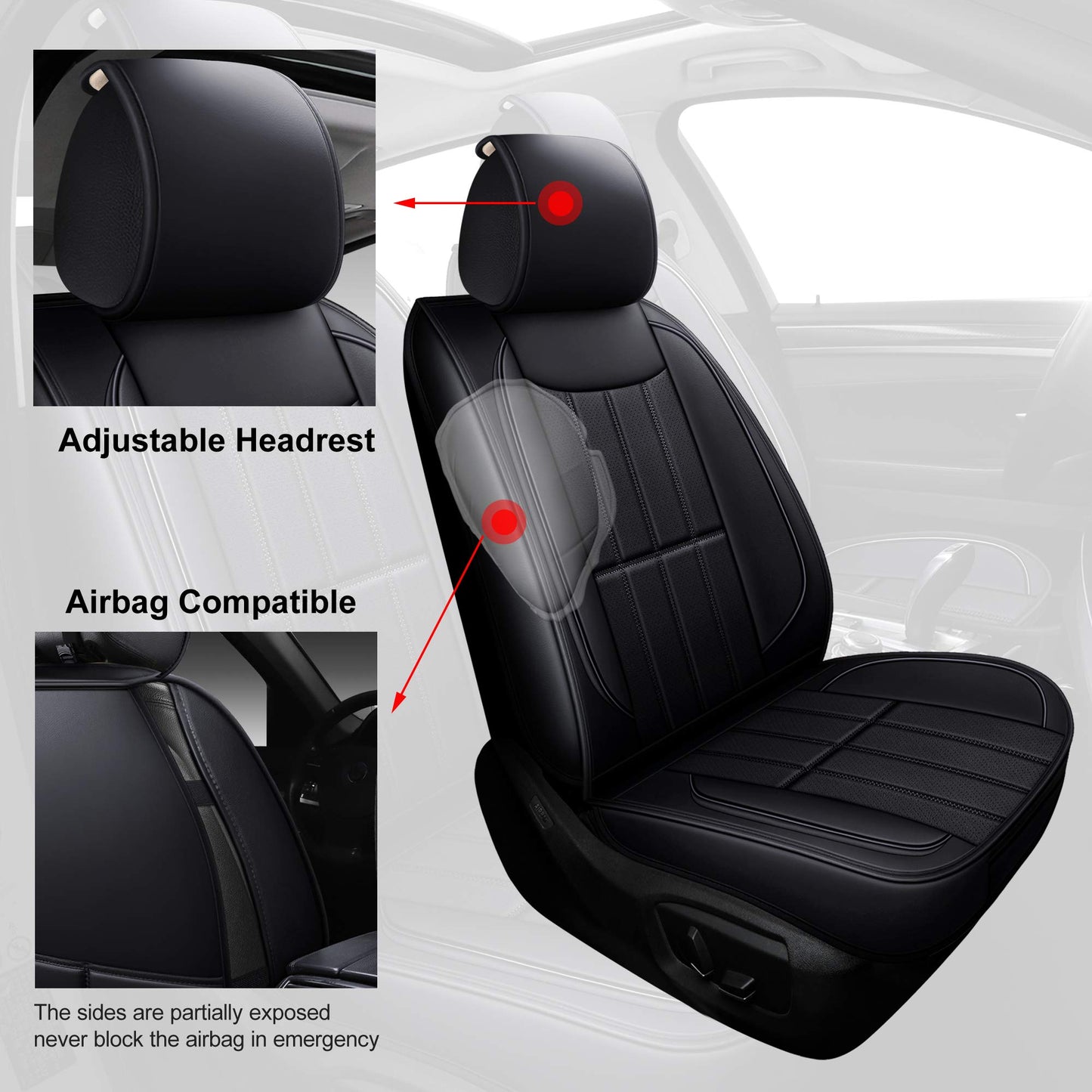 AOOG Leather Car Seat Covers, Automotive Vehicle Cushion Cover for Cars SUV Pick-up Truck, Universal Non-Slip Vehicle Cushion Cover Waterproof Protectors Interior Accessories, Full Set Black