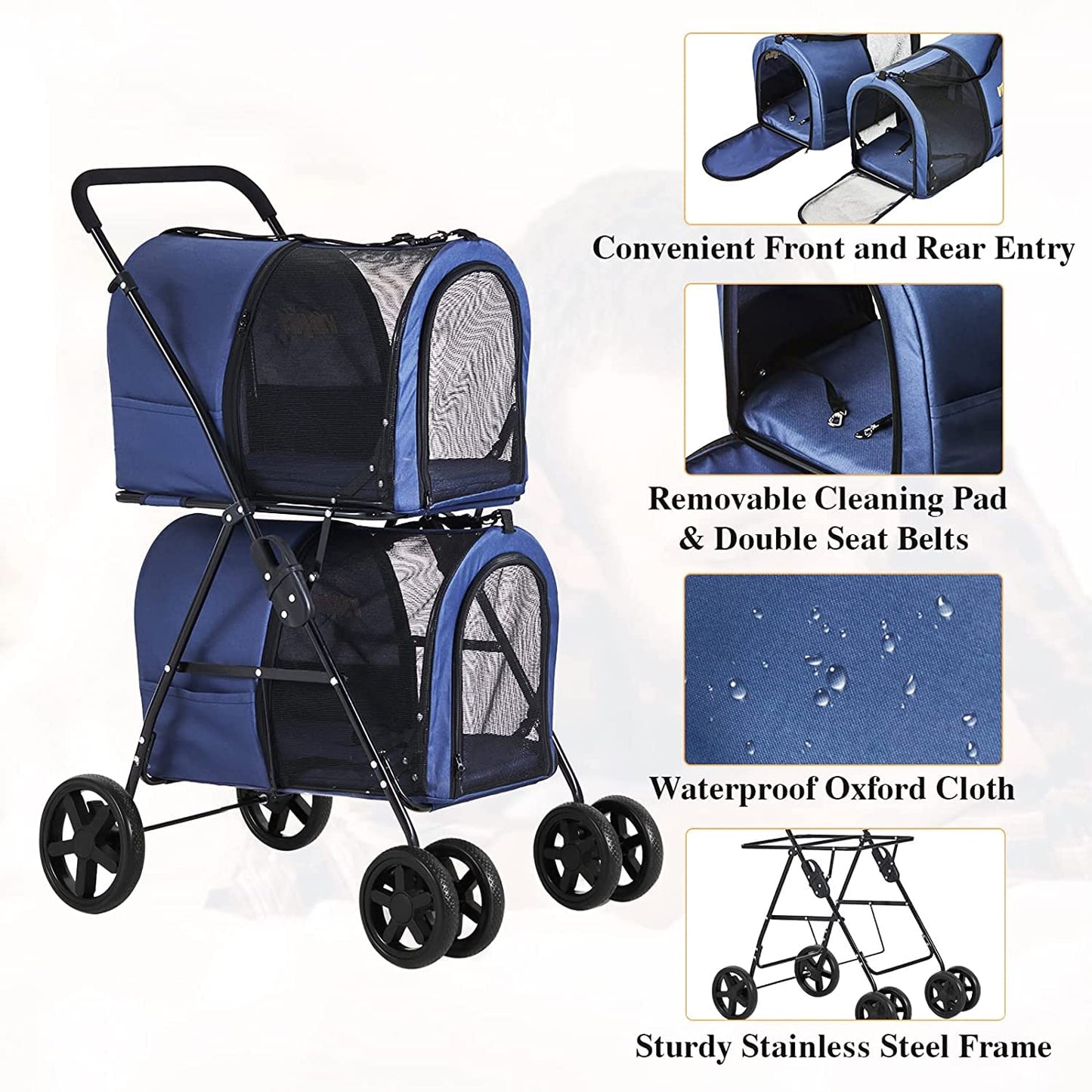 VIAGDO Dog Strollers for Small Medium Dogs, Double Cat Strollers for 2 Cats, 4-in-1 Small Doggy Pet Stroller, 2 Detachable Carriers, 4 Lockable Wheels, Pet Travel Cart, Folding Trolley, Navy Blue