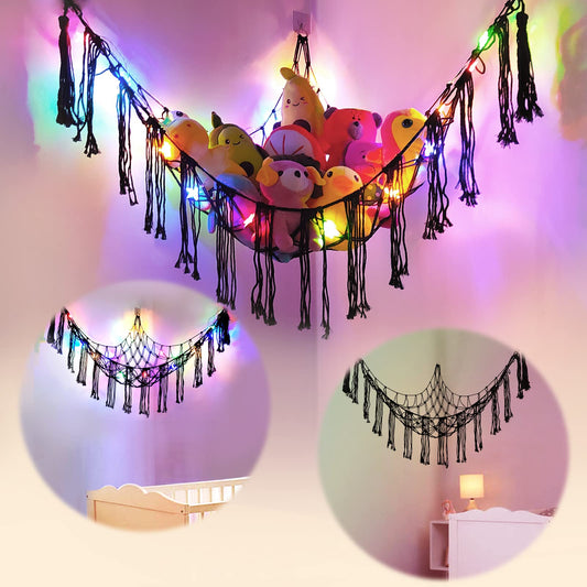 AVITORO Stuffed Animal Net or Hammock with LED Light, Hanging Corner Net for Stuffed Animals Storage, Hammock Holder with Hooks, Toy Organizer for Bedroom Nursery Crib Kindergarten