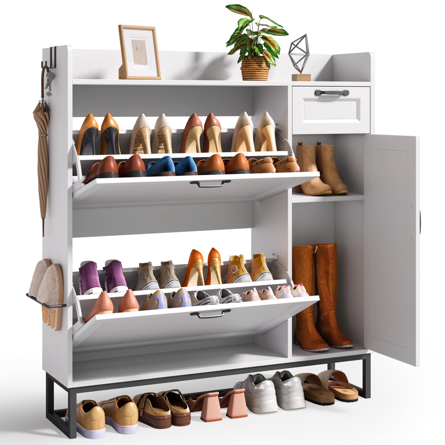 Ahomly 42" White Shoe Cabinet - 2 Flip Drawers (Adjustable), Side Cabinet, Storage Drawer & Open Top - Side Hooks for Shoes & Accessories - Space-Saving Entryway/Hallway Organizer